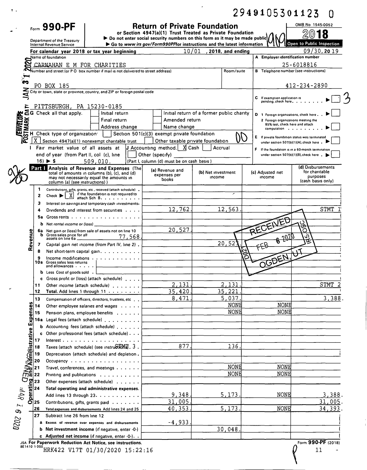 Image of first page of 2018 Form 990PR for Carnahan E M for Charities