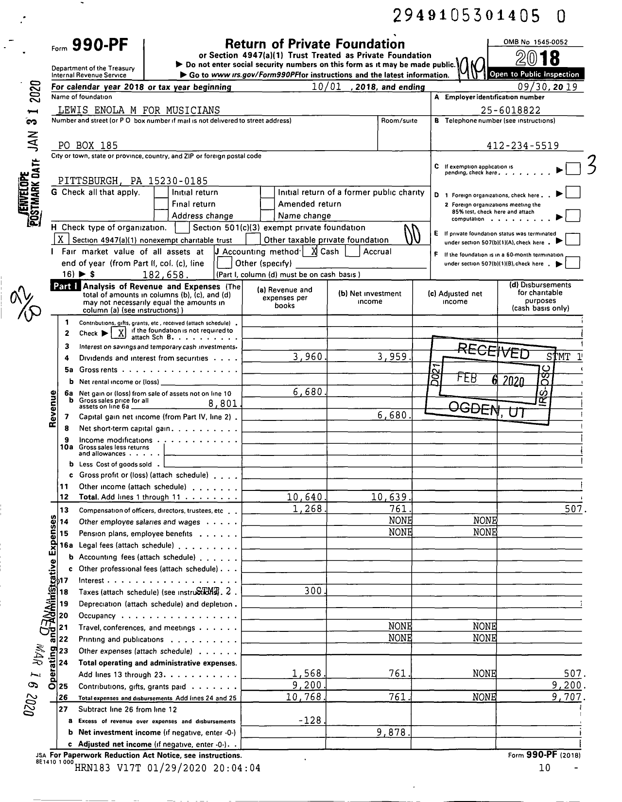 Image of first page of 2018 Form 990PR for Lewis Enola M for Musicians