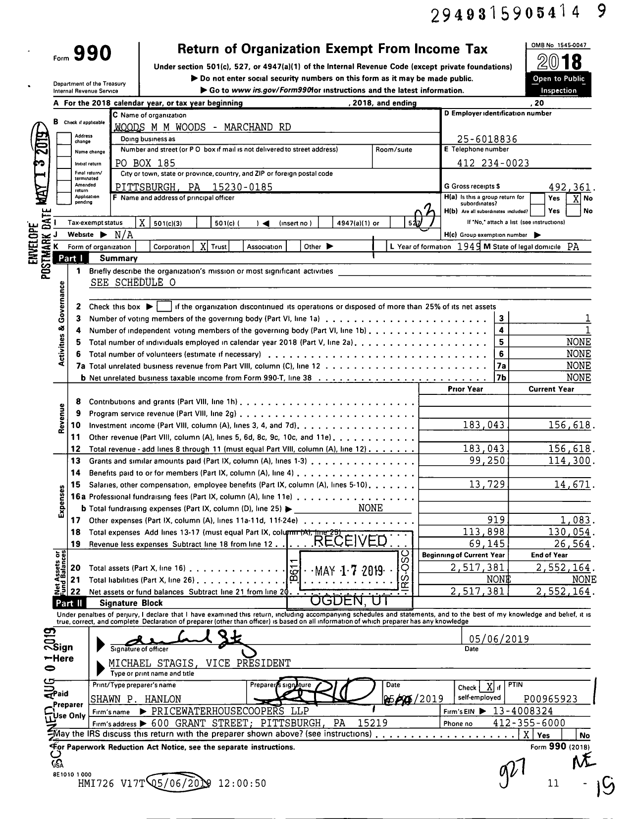 Image of first page of 2018 Form 990 for Woods M M Woods - Marchand Rd