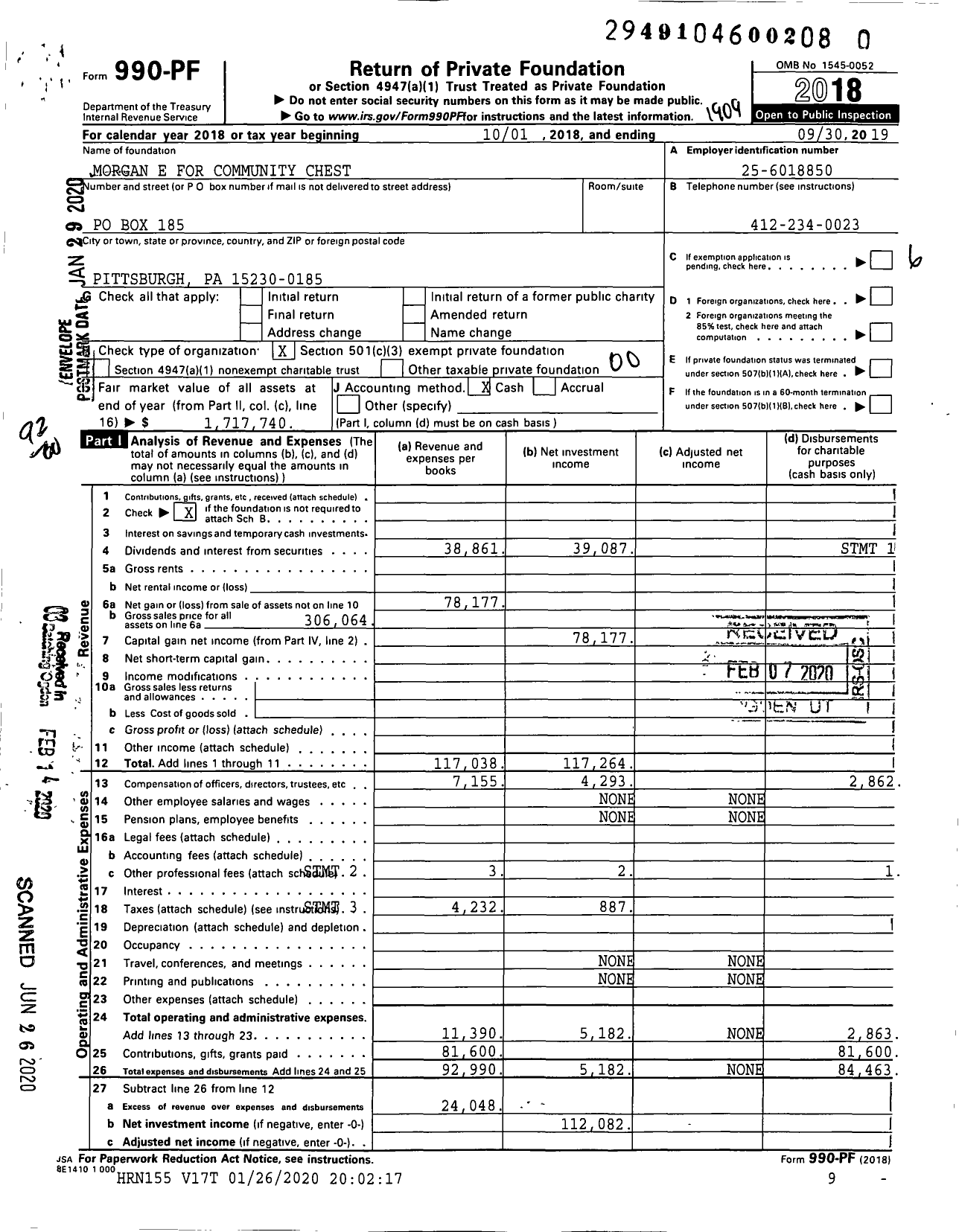 Image of first page of 2018 Form 990PR for Morgan E for Community Chest