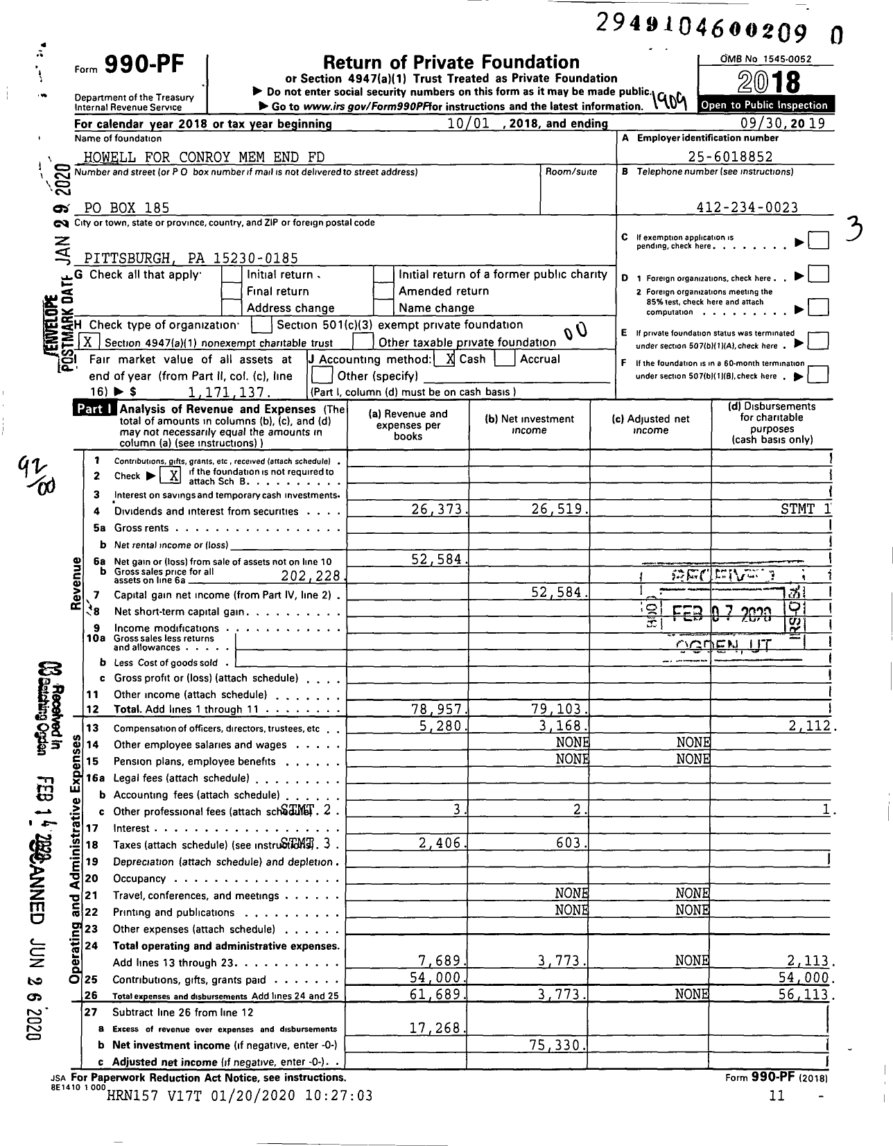 Image of first page of 2018 Form 990PR for Howell for Conroy Mem End Fund