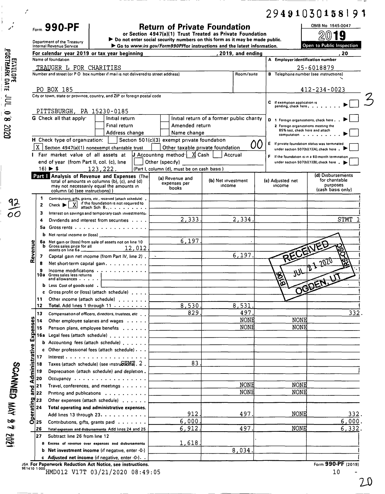 Image of first page of 2019 Form 990PF for Trauger L for Charities