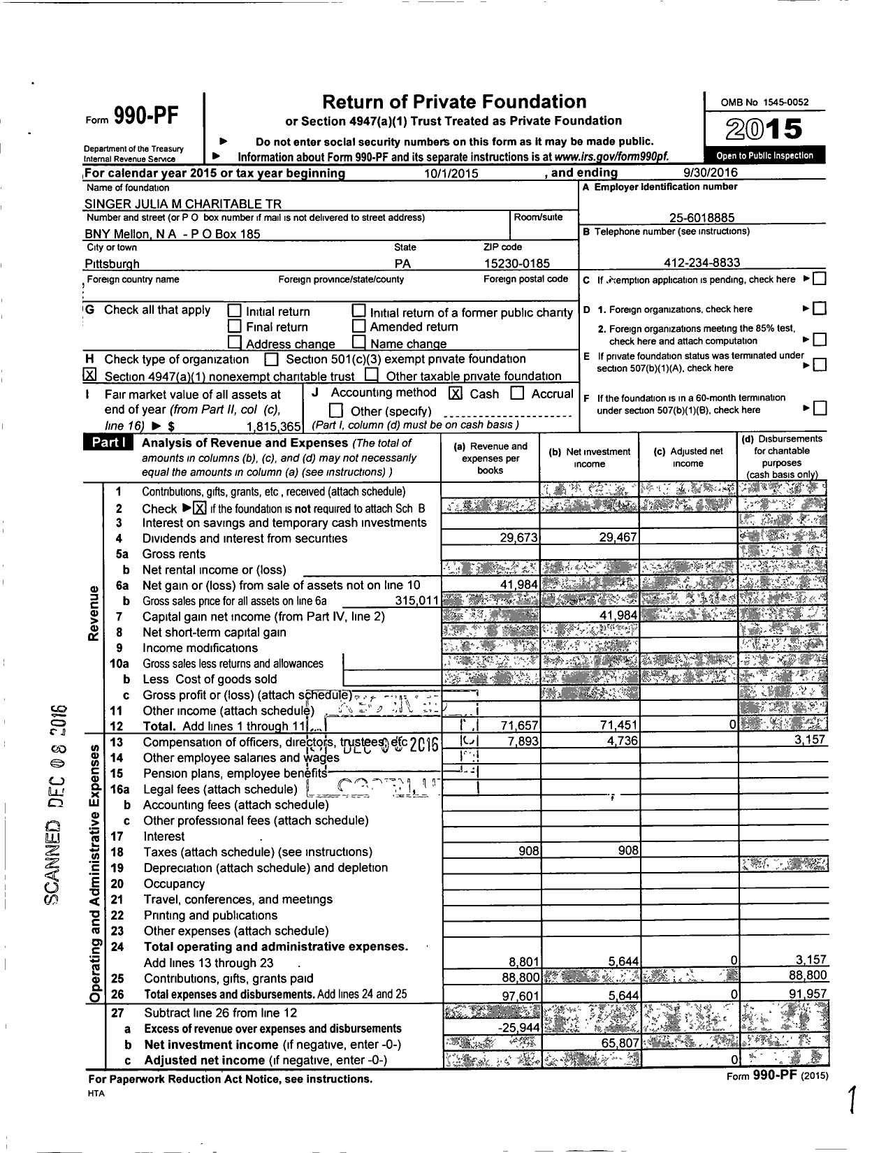 Image of first page of 2015 Form 990PF for Singer Julia M Charitable Trust