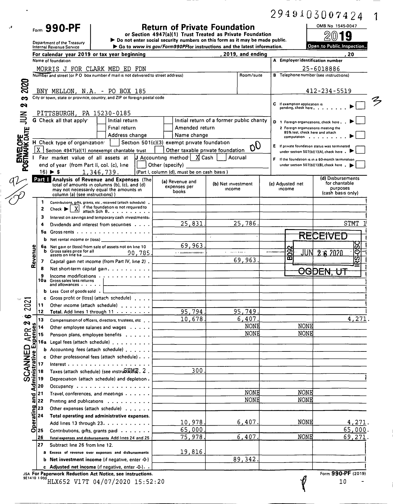 Image of first page of 2019 Form 990PF for Morris J for Clark Med Ed Foundation