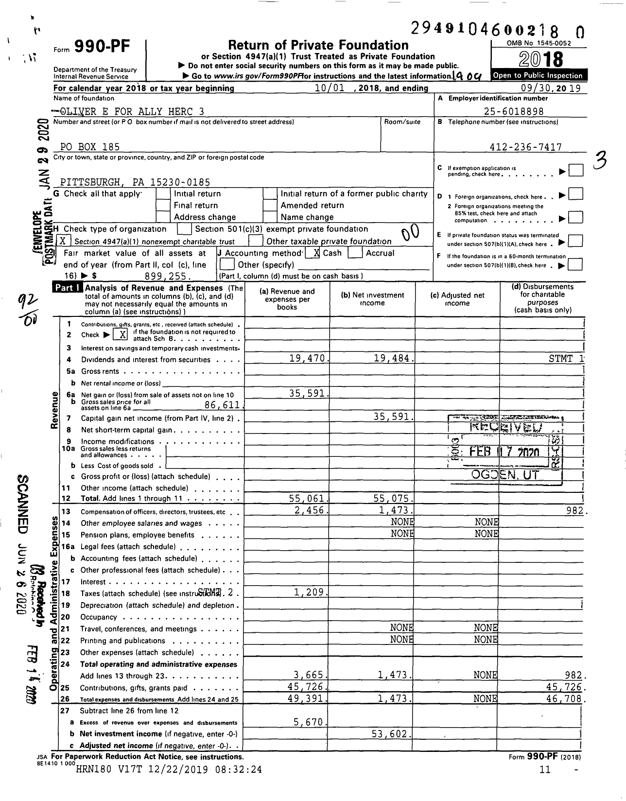 Image of first page of 2018 Form 990PR for Oliver E for Ally Herc 3