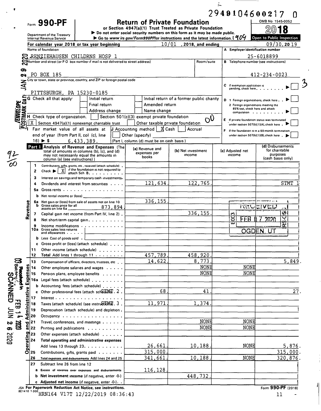 Image of first page of 2018 Form 990PR for Renziehausen Childrns Hospital 1