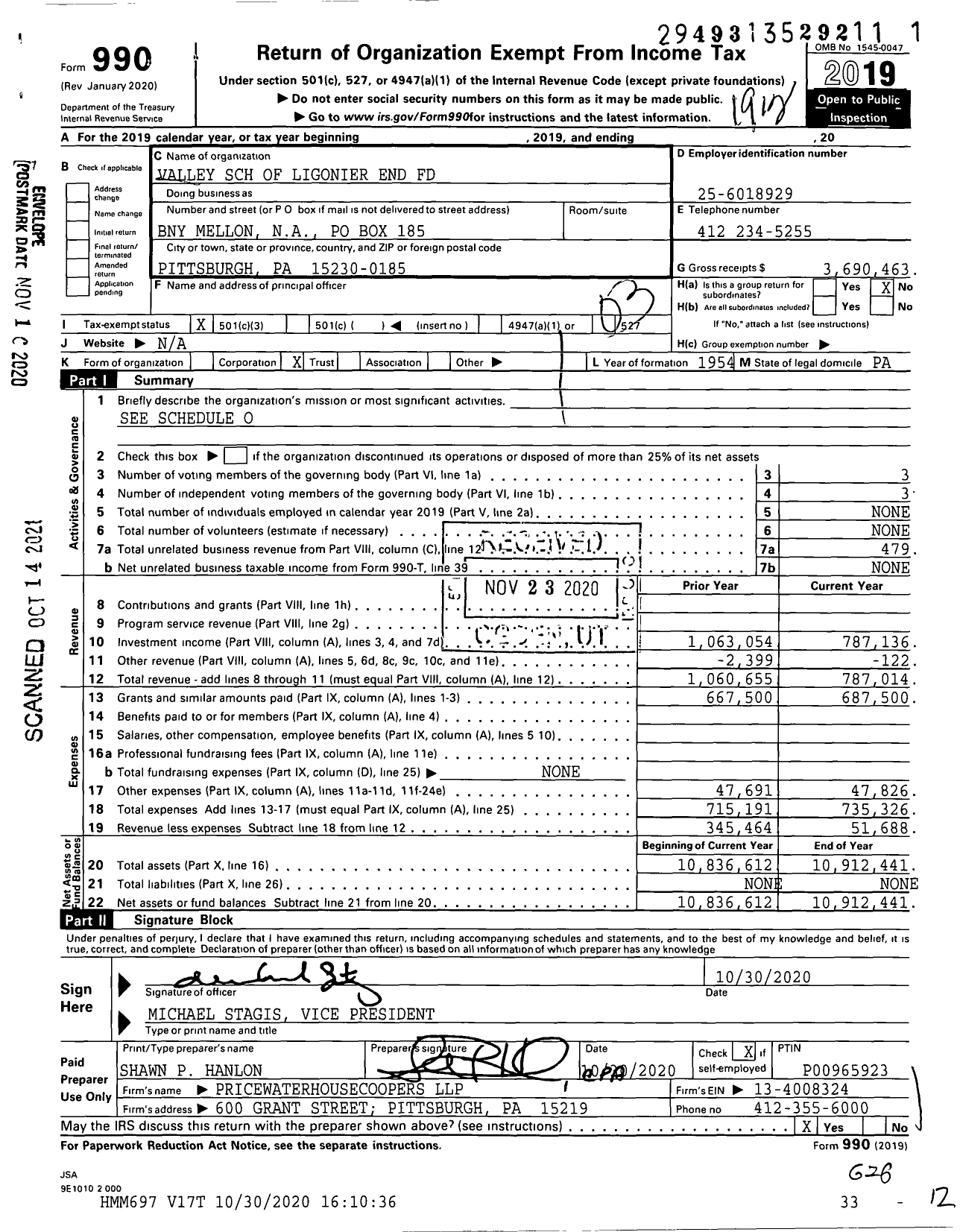 Image of first page of 2019 Form 990 for Valley SCH of Ligonier End Fund