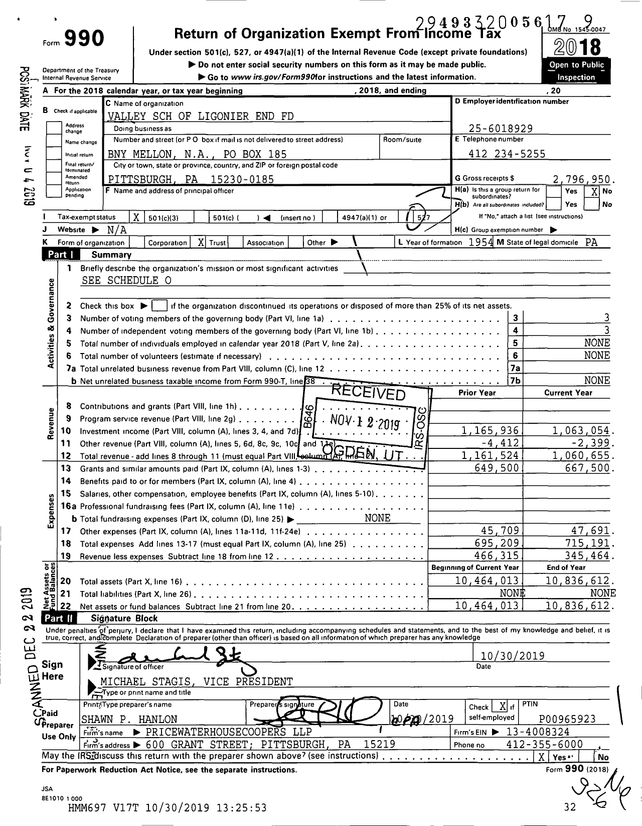 Image of first page of 2018 Form 990 for Valley SCH of Ligonier End Fund