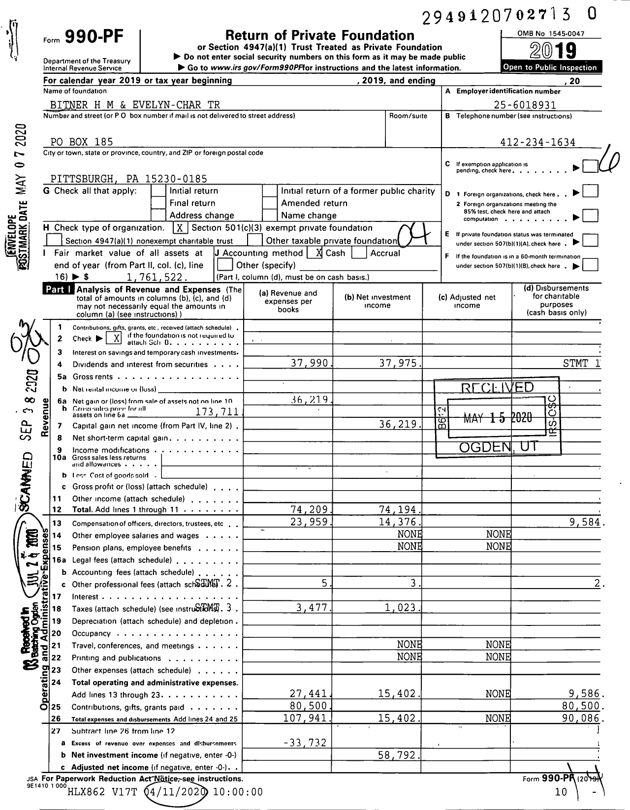 Image of first page of 2019 Form 990PR for Bitner H M and Evelyn-Char Trust