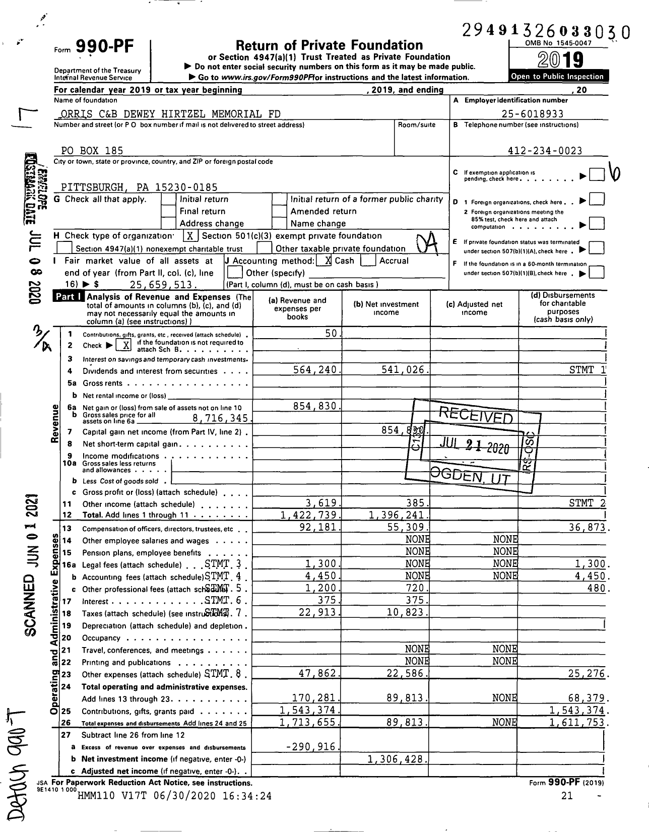 Image of first page of 2019 Form 990PF for Orris C&B Dewey Hirtzel Memorial Fund