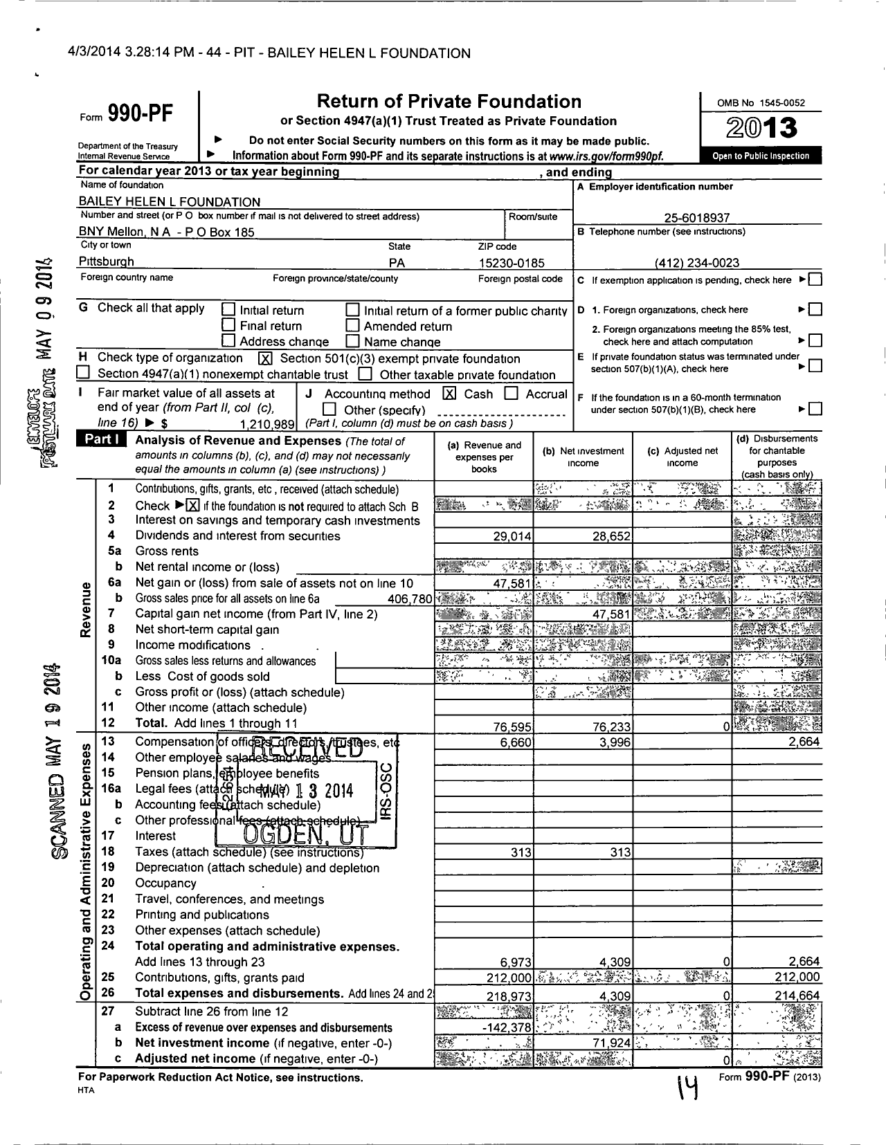 Image of first page of 2013 Form 990PF for Bailey Helen L Foundation