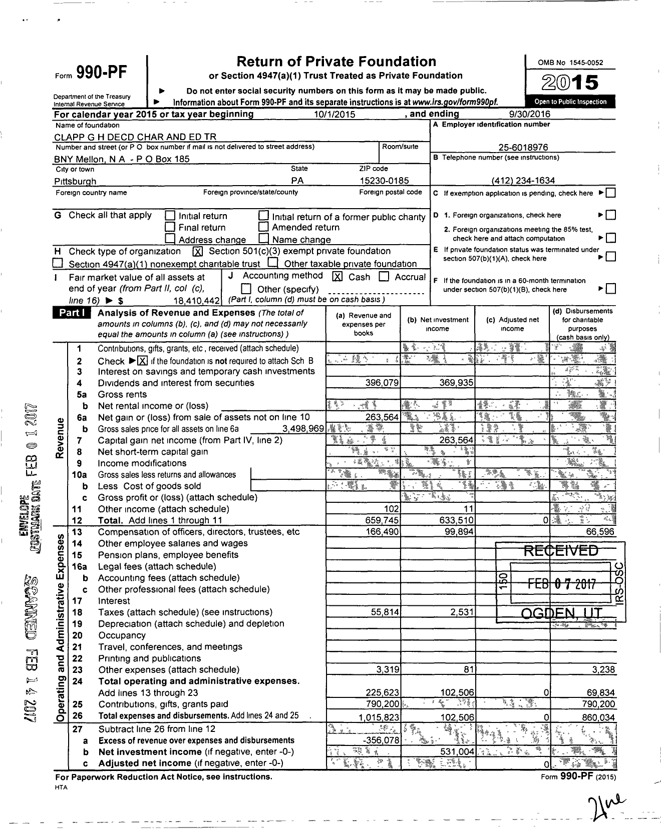 Image of first page of 2015 Form 990PF for Clapp G H Decd Char and Ed Trust