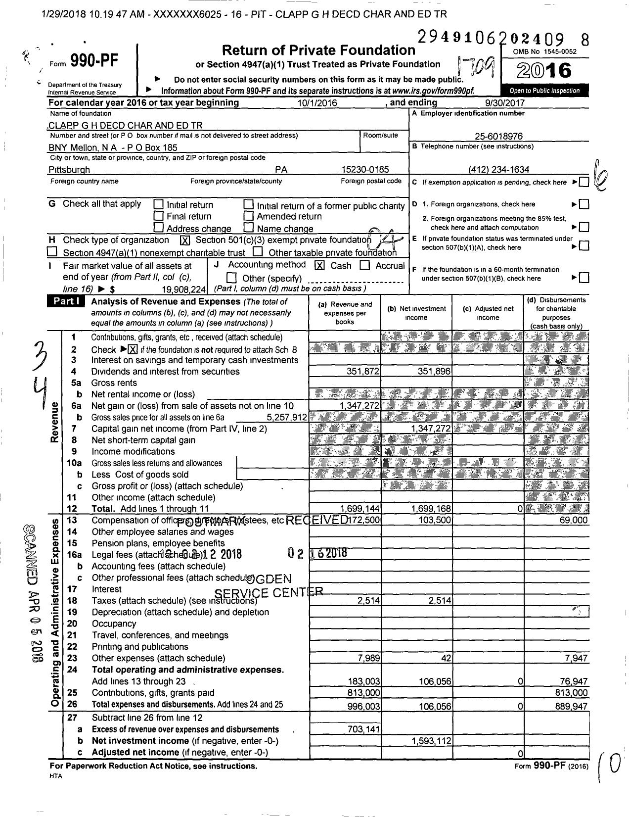Image of first page of 2016 Form 990PF for Clapp G H Decd Char and Ed Trust