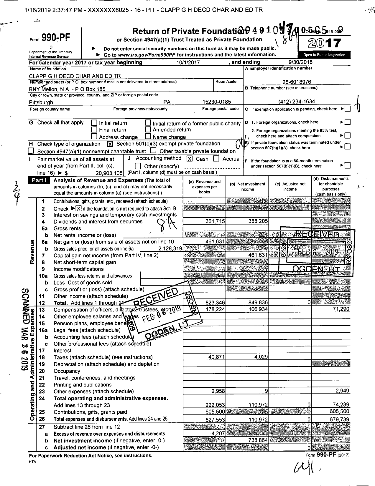 Image of first page of 2017 Form 990PF for Clapp G H Decd Char and Ed Trust
