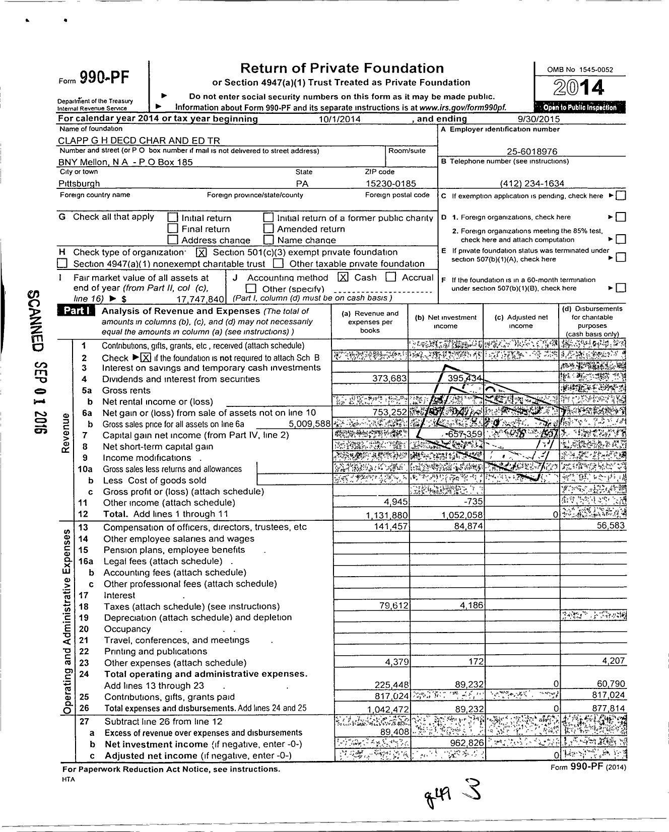 Image of first page of 2014 Form 990PF for Clapp G H Decd Char and Ed Trust