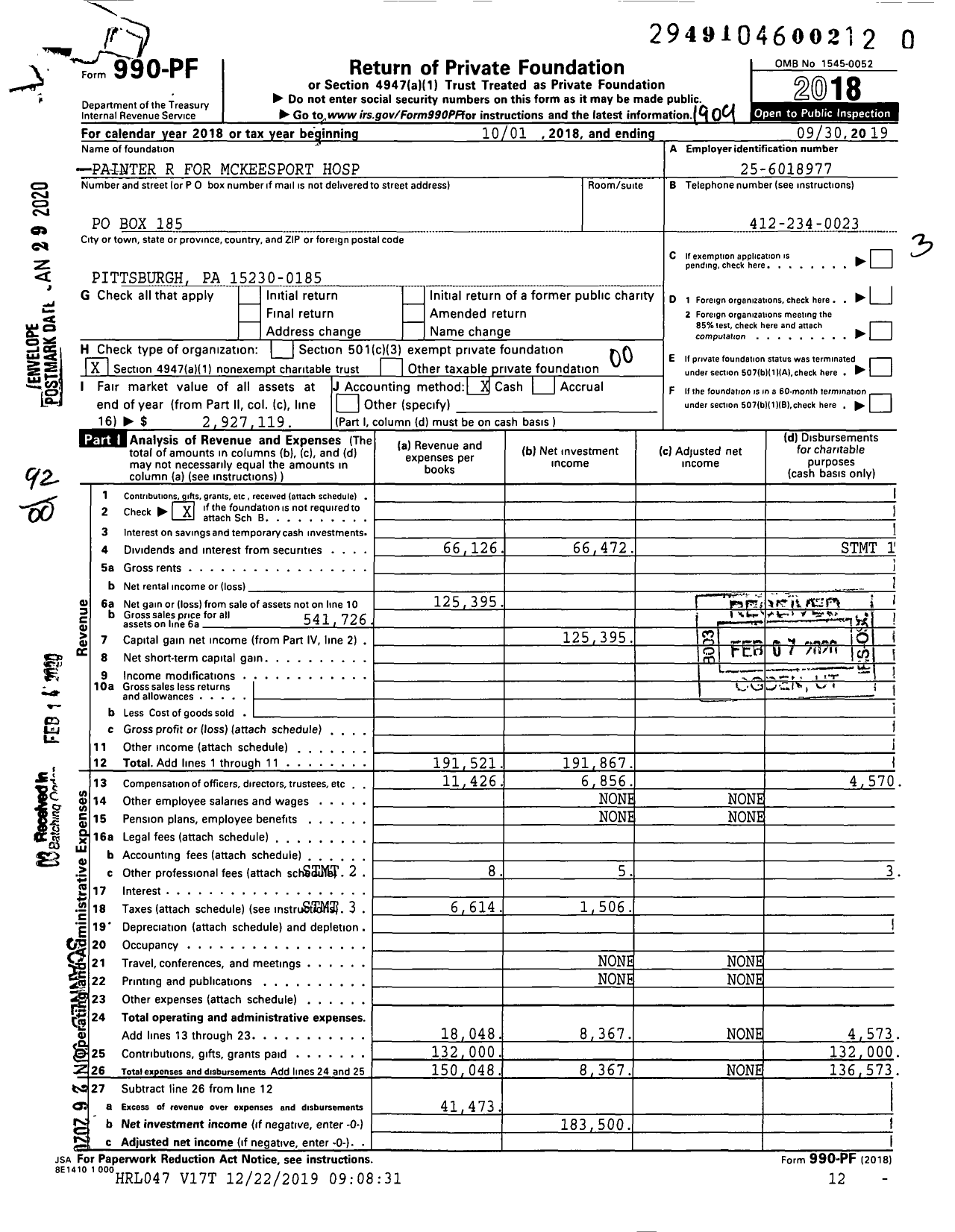 Image of first page of 2018 Form 990PR for Painter R for Mckeesport Hospital