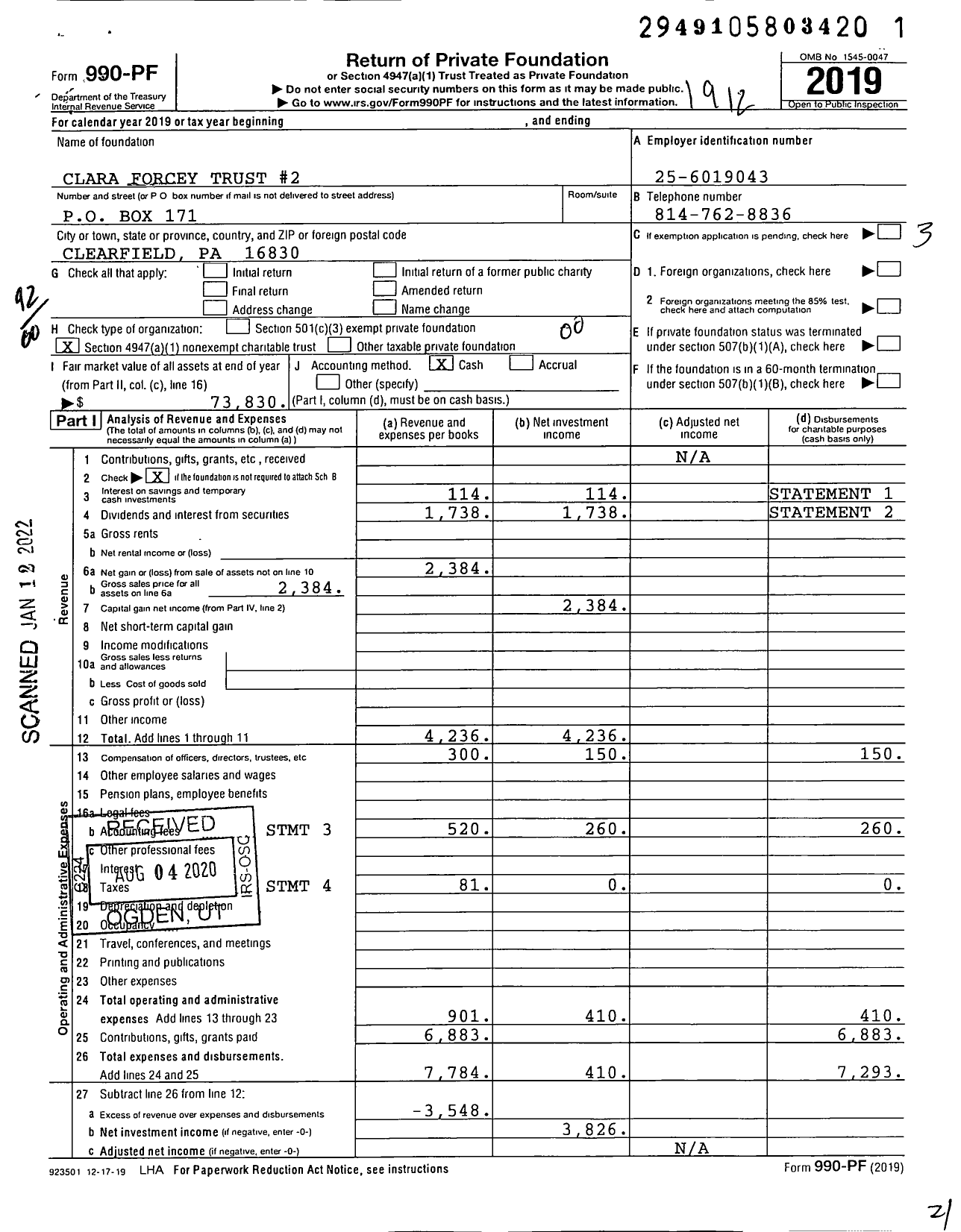 Image of first page of 2019 Form 990PF for Clara Forcey Trust #2