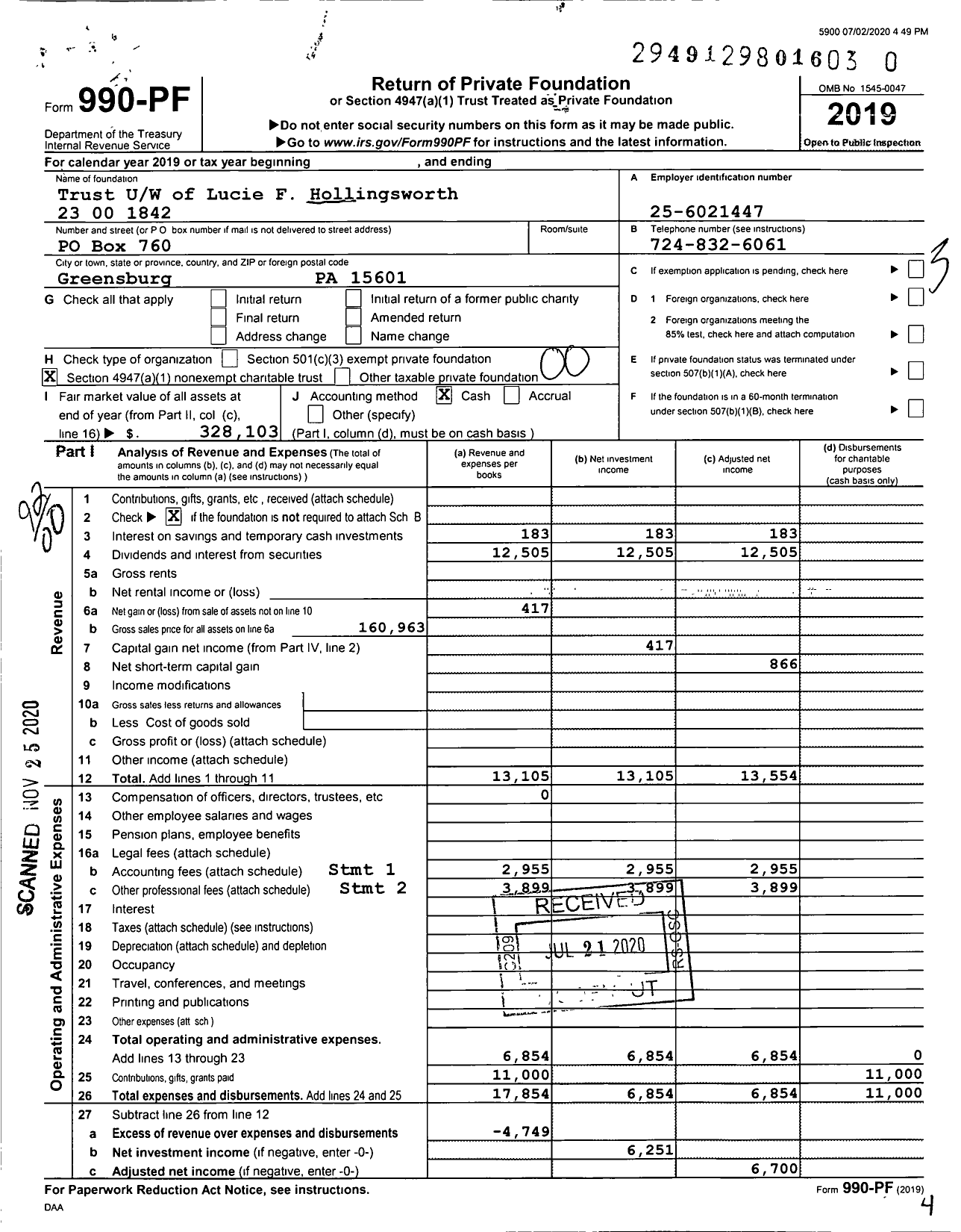 Image of first page of 2019 Form 990PF for Trust Uw of Lucie F Hollingsworth XXX-XX-XXXX