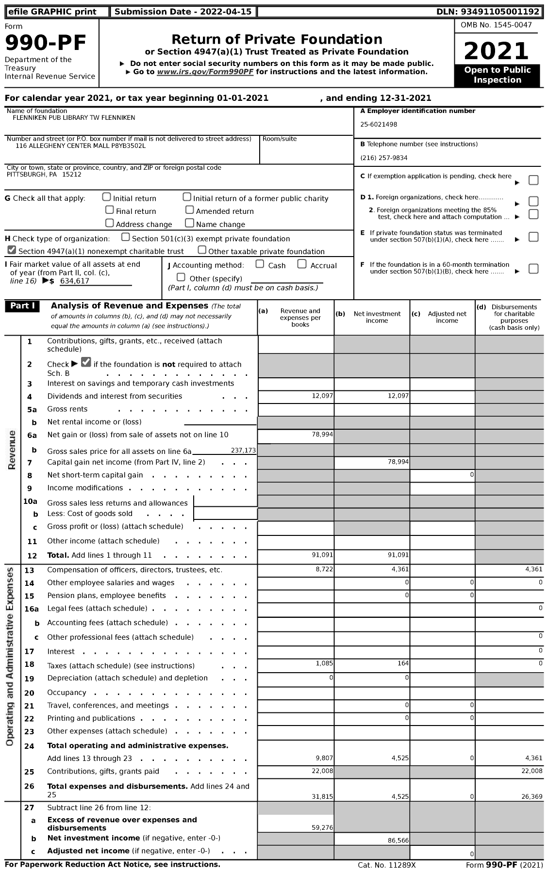 Image of first page of 2021 Form 990PF for Flenniken Pub Library TW Flenniken