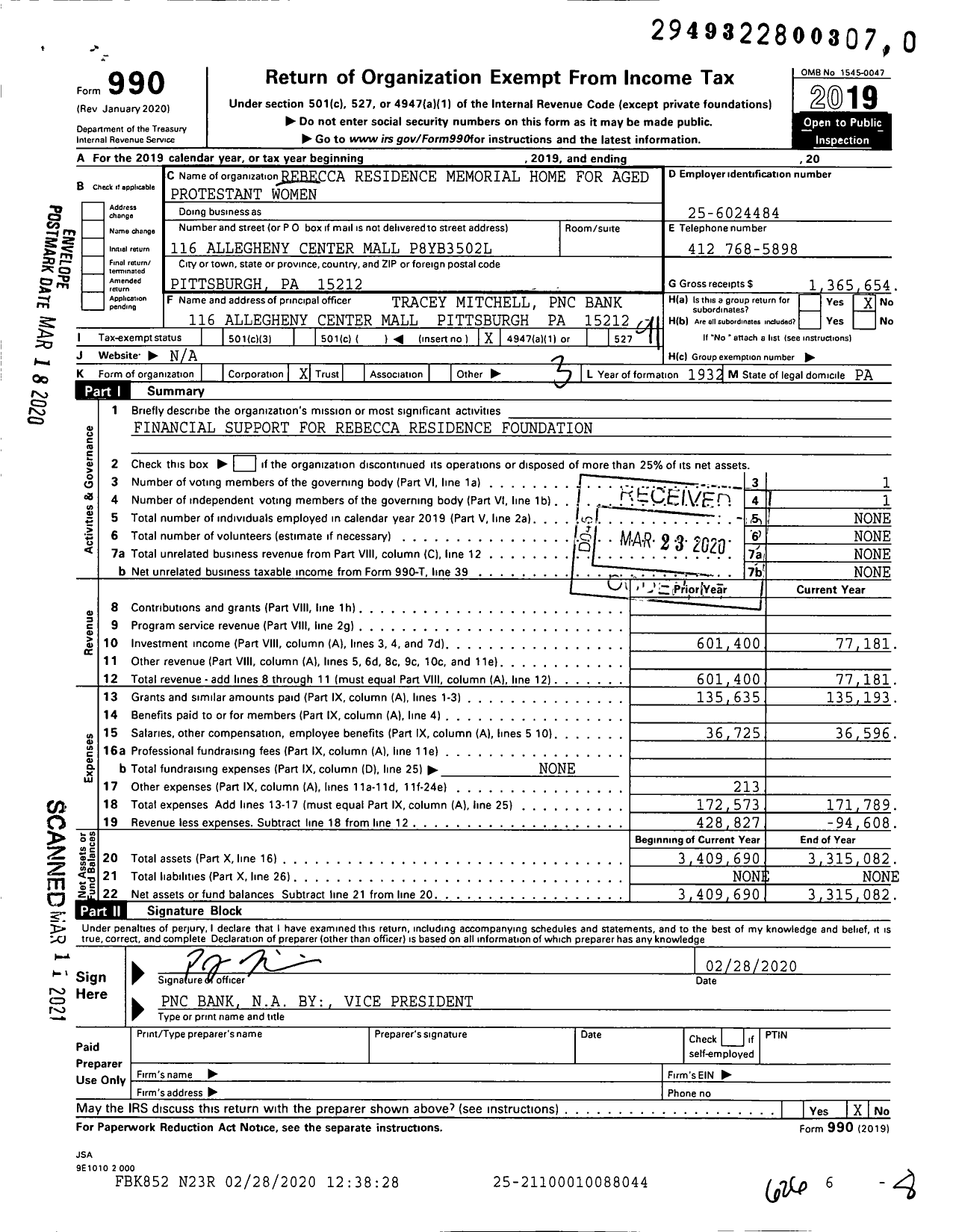 Image of first page of 2019 Form 990O for Rosalie Spang Trust 0088044 Fbo Home for