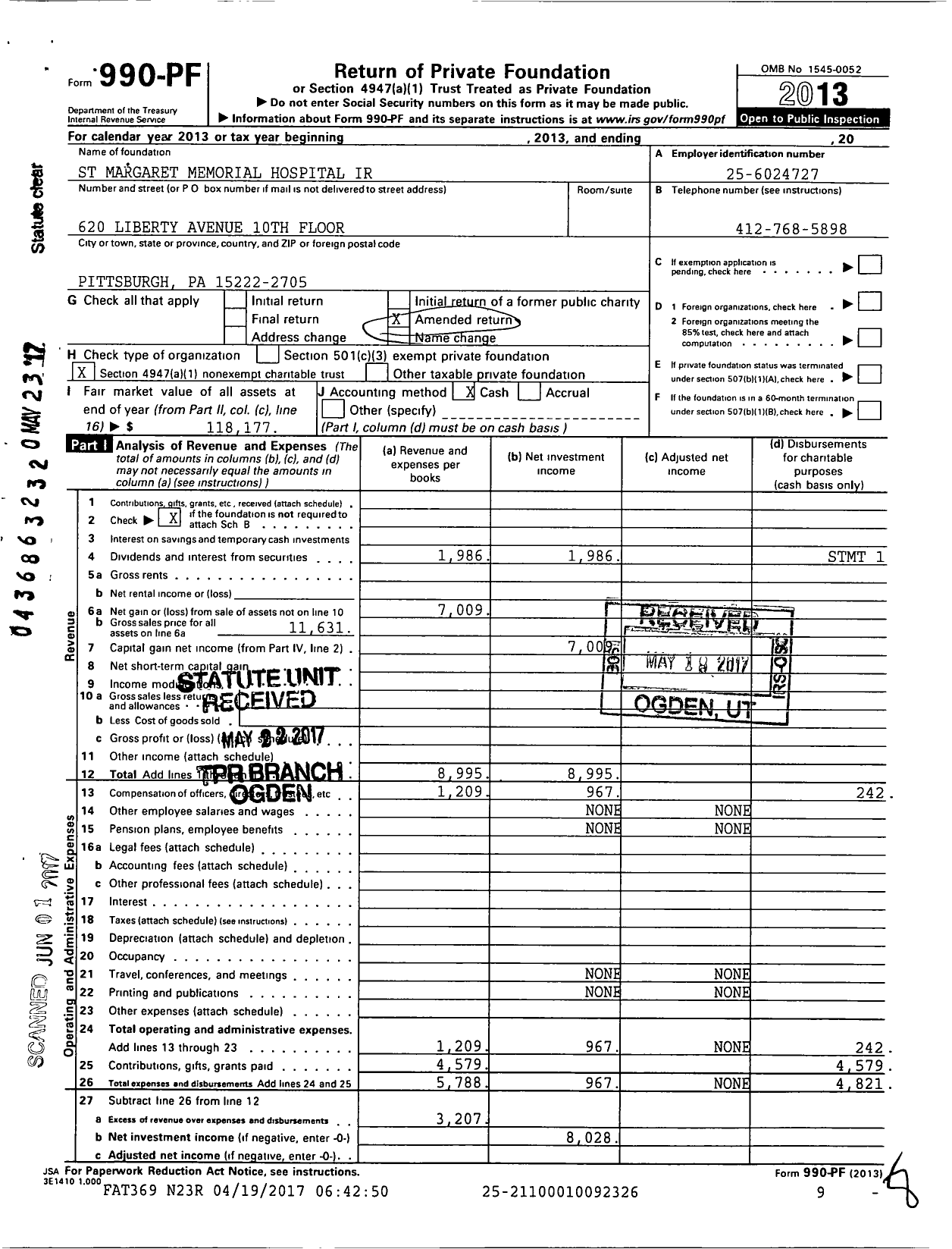 Image of first page of 2013 Form 990PF for St Margaret Memorial Hospital Ir