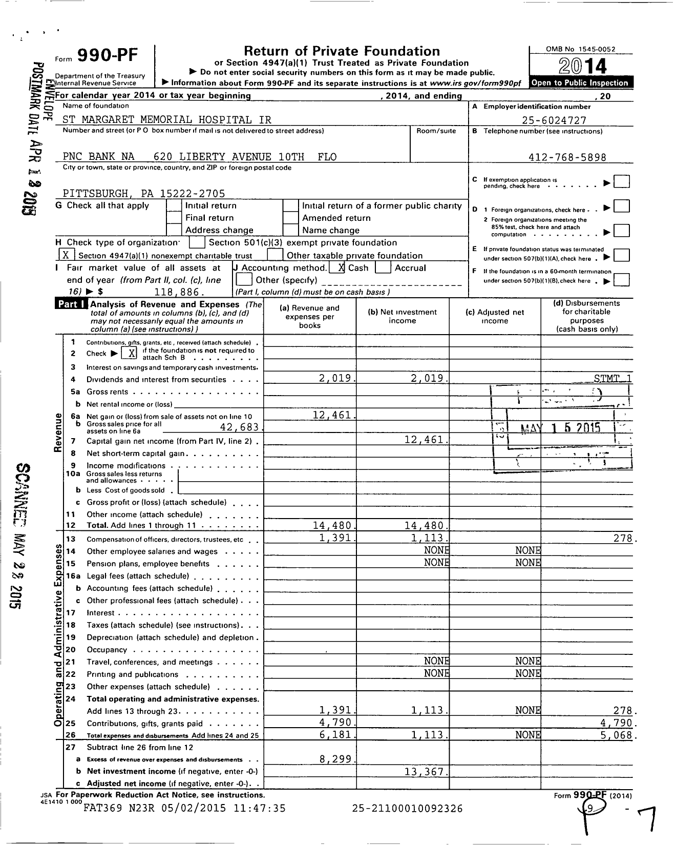 Image of first page of 2014 Form 990PF for St Margaret Memorial Hospital Ir