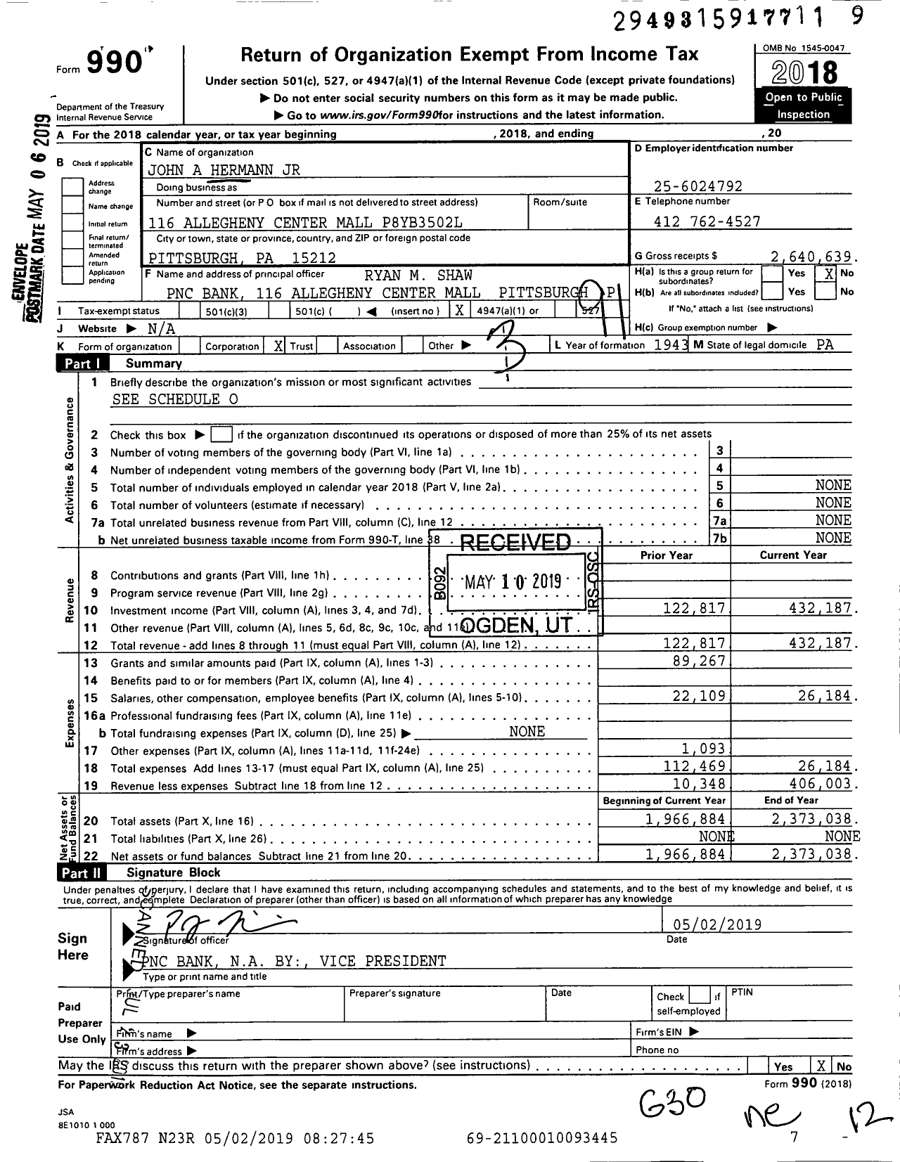 Image of first page of 2018 Form 990O for John A Hermann JR