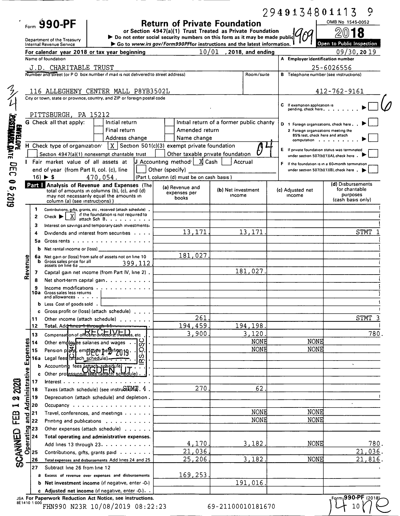 Image of first page of 2018 Form 990PF for JD Charitable Trust