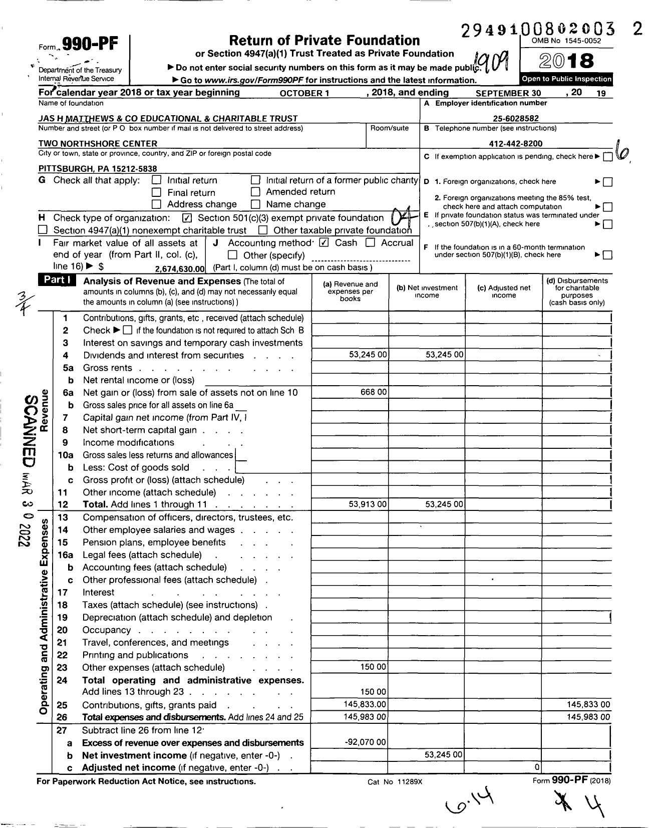 Image of first page of 2018 Form 990PF for Jas H Matthews and Educational and Charitable Trust