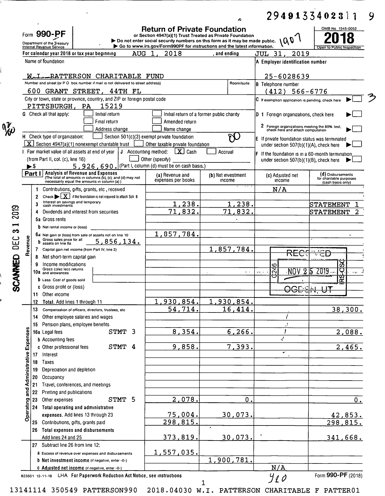 Image of first page of 2018 Form 990PF for Wi Patterson Charitable Fund