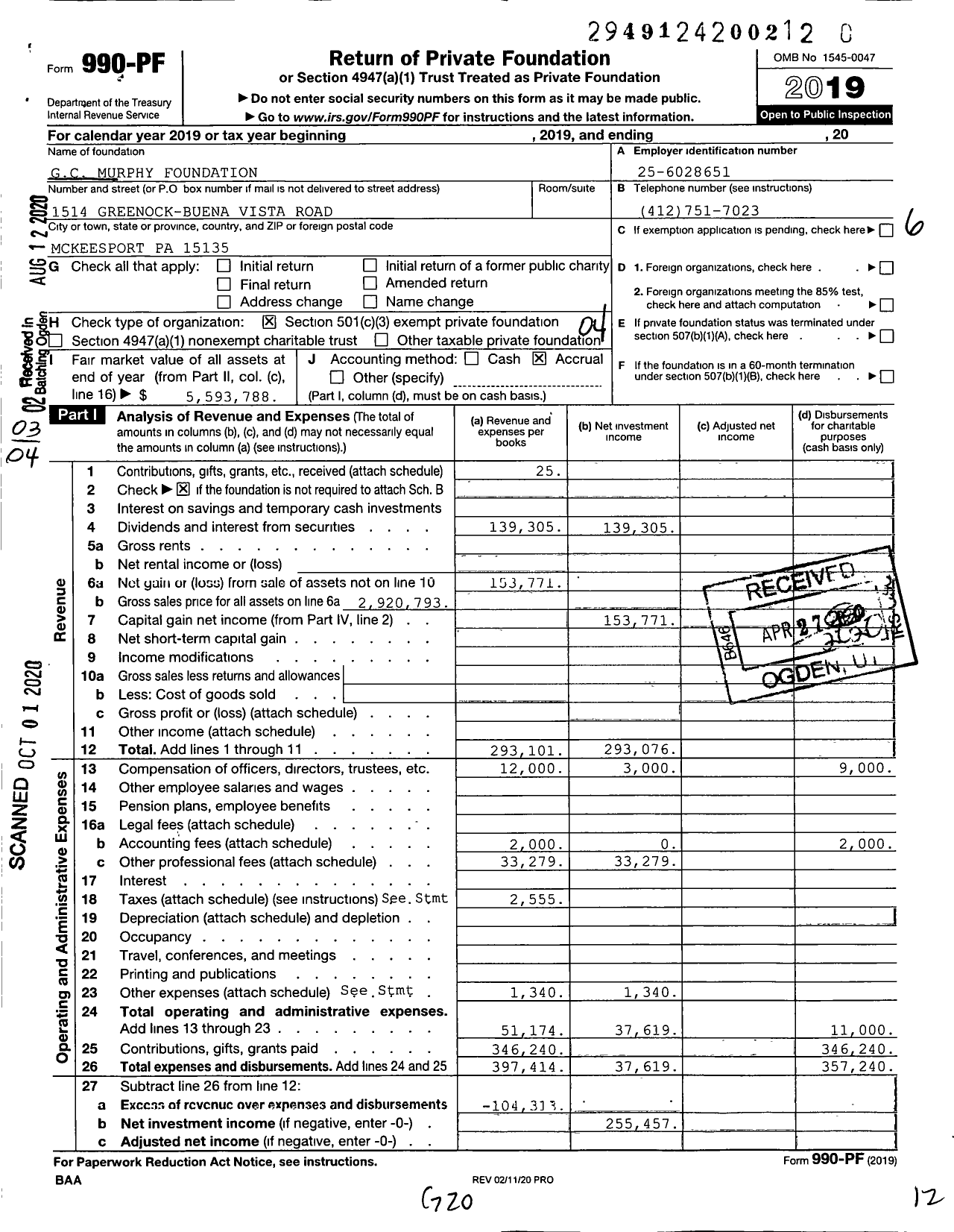 Image of first page of 2019 Form 990PR for GC Murphy Foundation