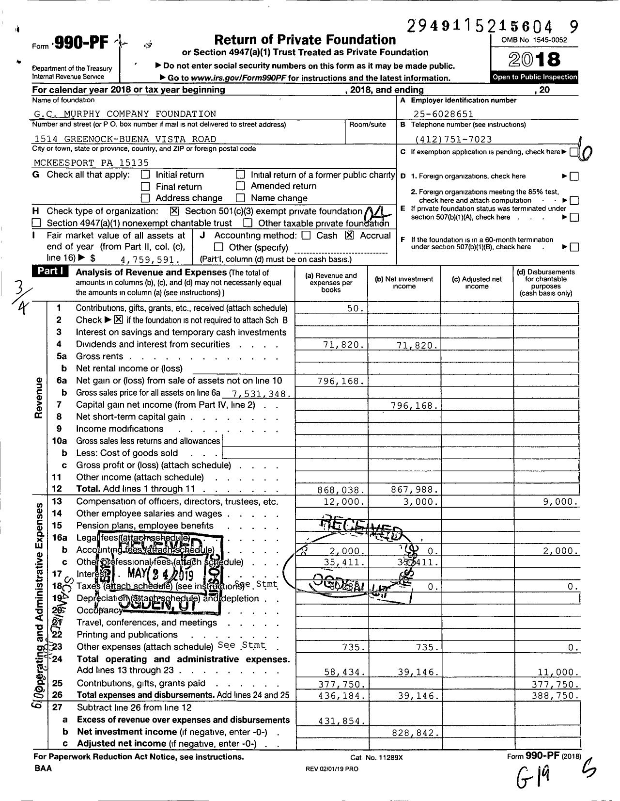 Image of first page of 2018 Form 990PF for GC Murphy Foundation