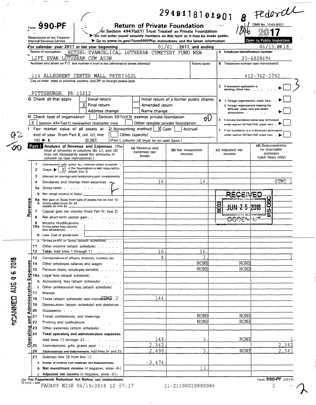 Image of first page of 2017 Form 990PF for Bethel Evangelical Lutheran Cemetery Fund New