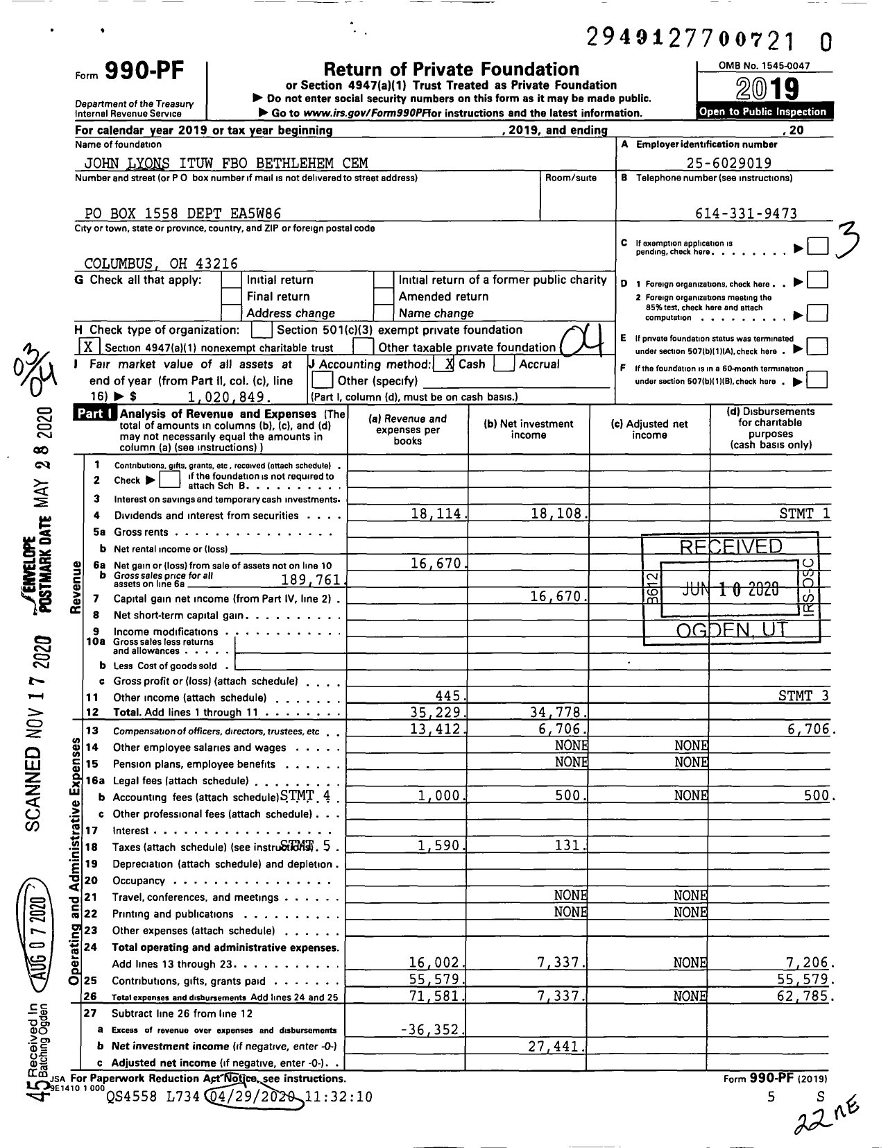 Image of first page of 2019 Form 990PF for John Lyons Ituw Fbo Bethlehem Cem