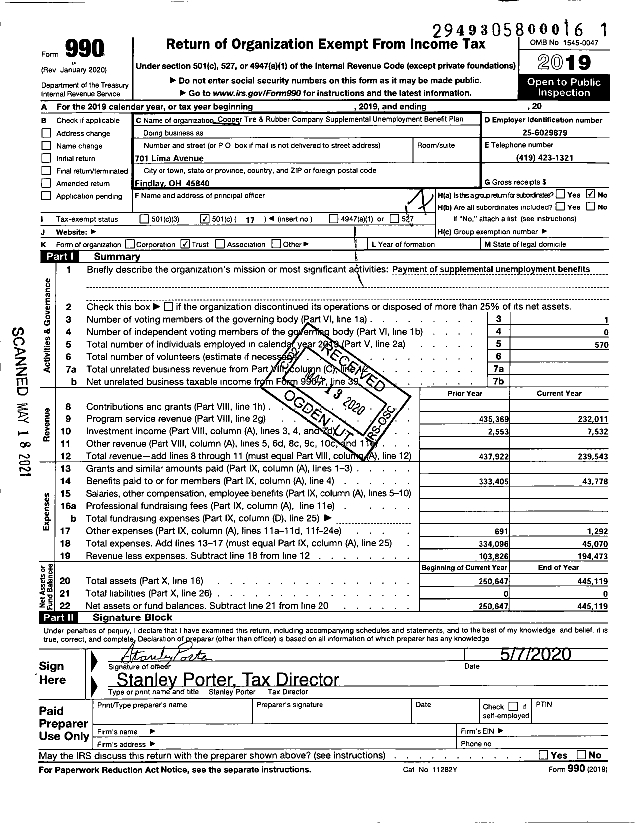 Image of first page of 2019 Form 990O for Cooper Tire & Rubber Company Supplemental Unemployment Benefit Plan