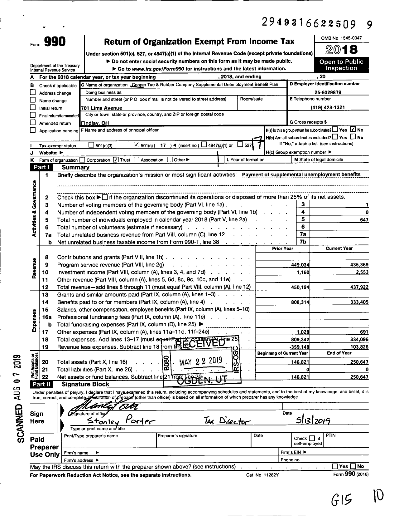 Image of first page of 2018 Form 990O for Cooper Tire & Rubber Company Supplemental Unemployment Benefit Plan