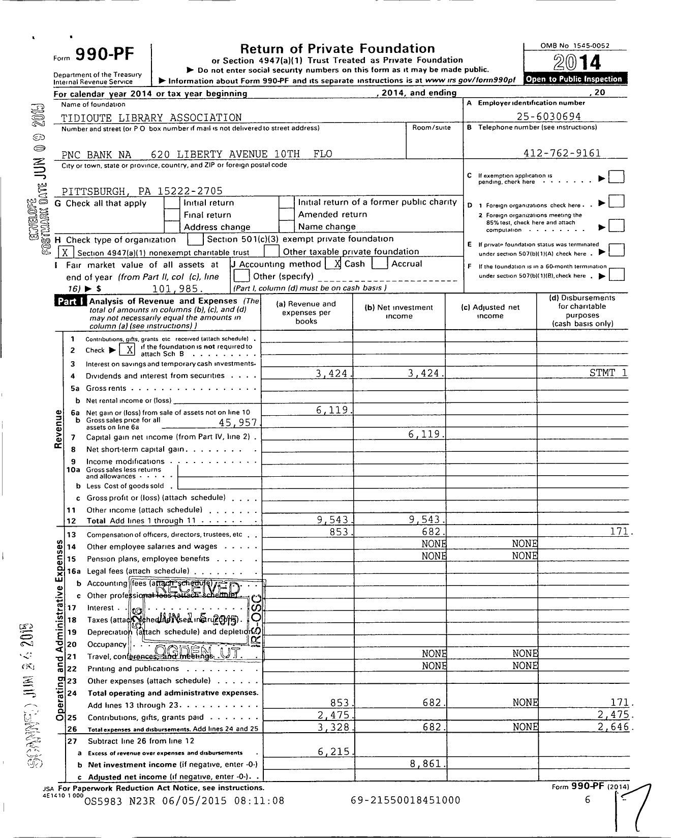 Image of first page of 2014 Form 990PF for Tidioute Library Association