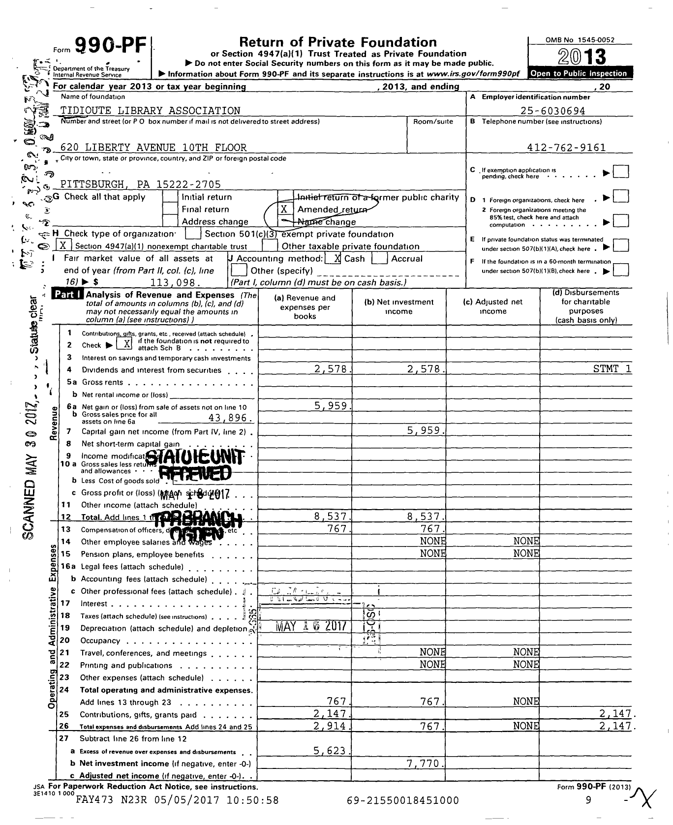 Image of first page of 2013 Form 990PF for Tidioute Library Association