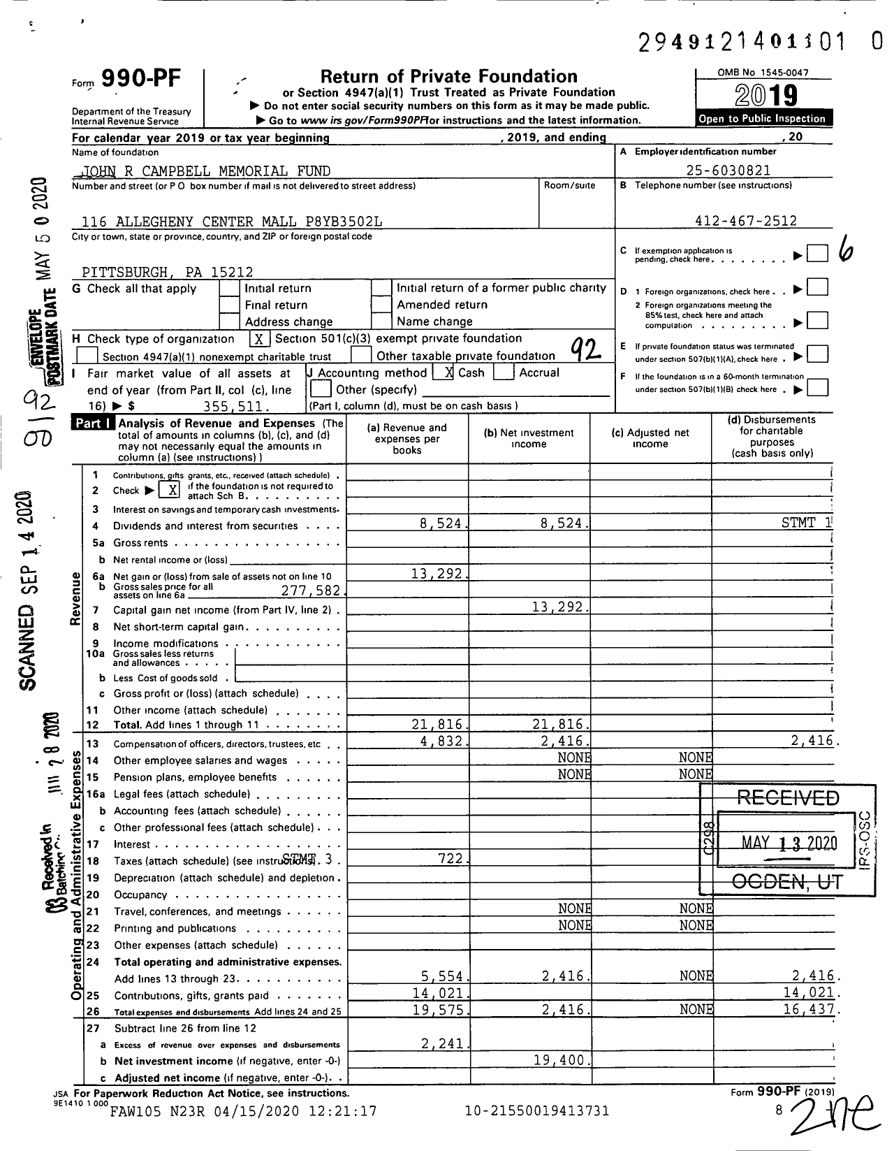 Image of first page of 2019 Form 990PR for Campbell John R Memorial Fund