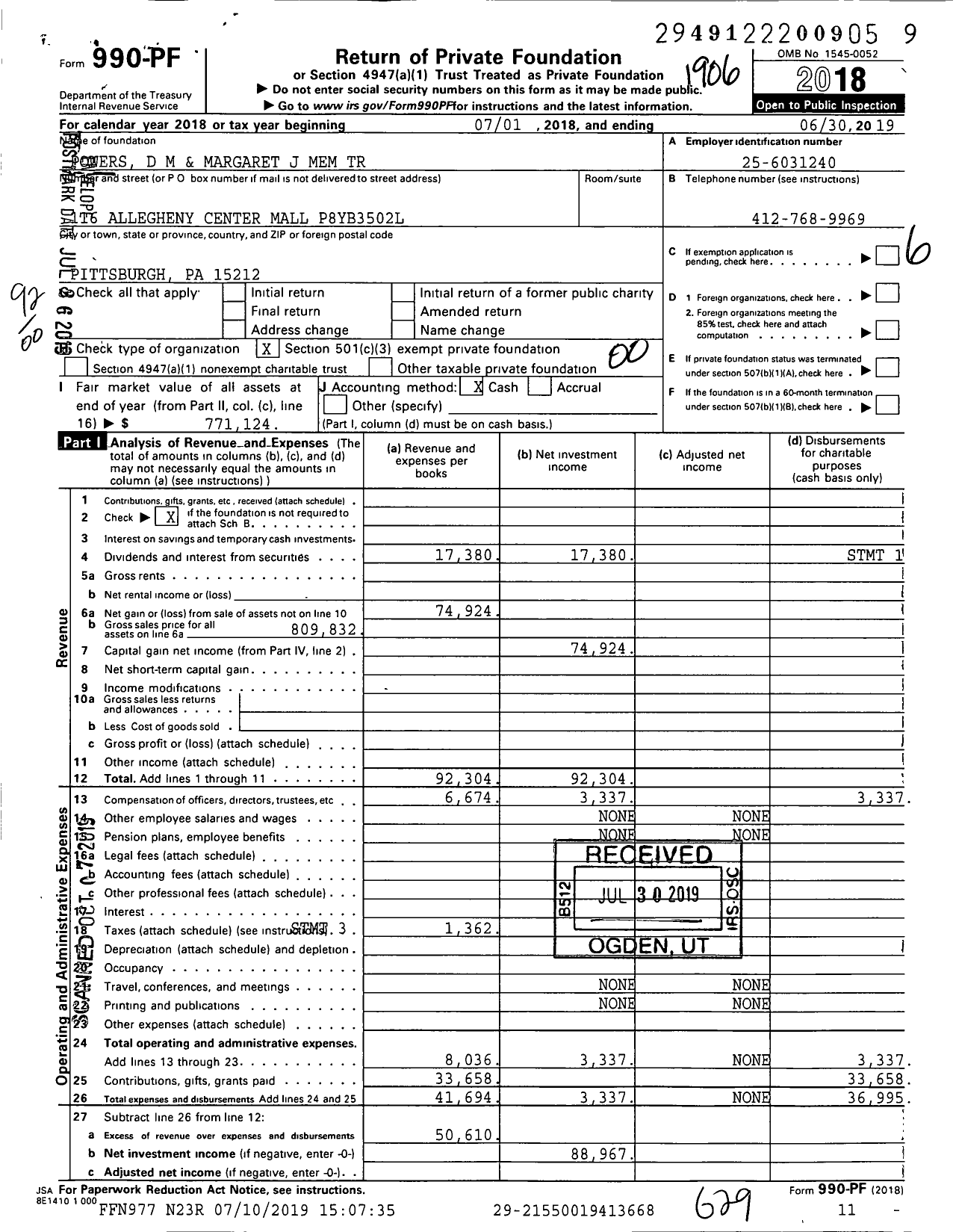 Image of first page of 2018 Form 990PF for Powers D M and Margaret J Mem Trust