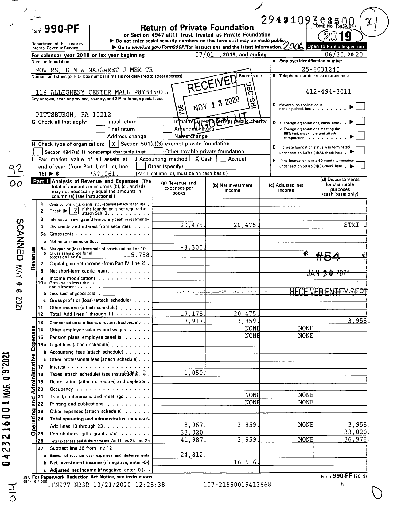 Image of first page of 2019 Form 990PF for Powers D M and Margaret J Mem Trust