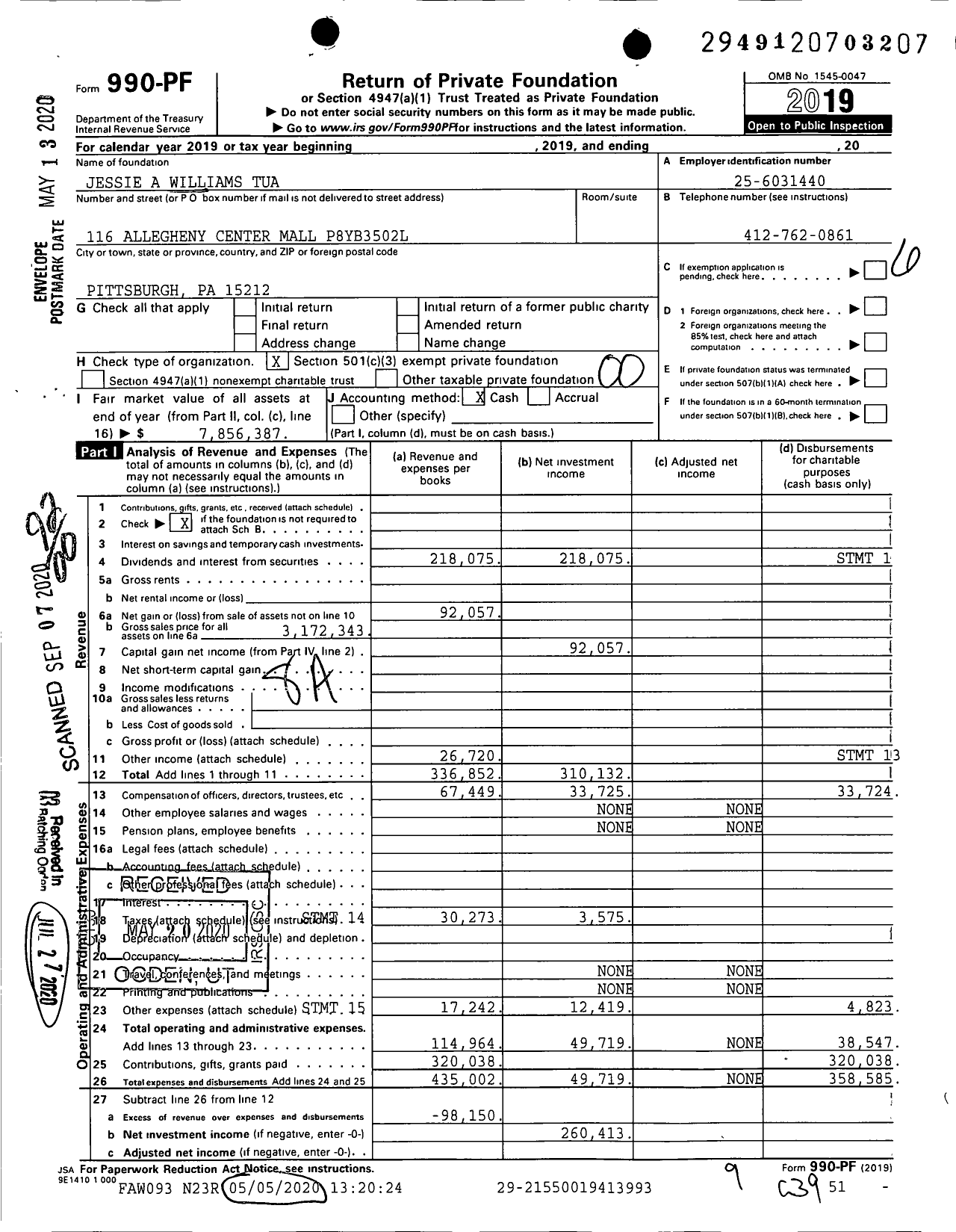 Image of first page of 2019 Form 990PR for Jessie A Williams Tua