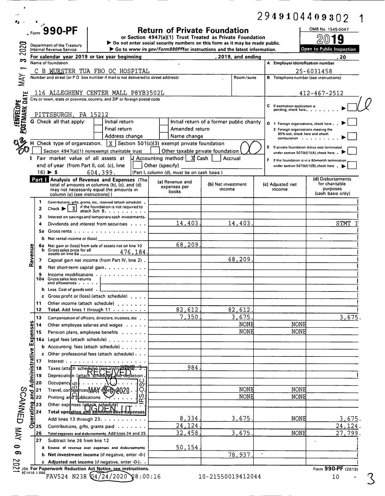 Image of first page of 2019 Form 990PF for Wurster C B Tua Fbo Oc Hospital