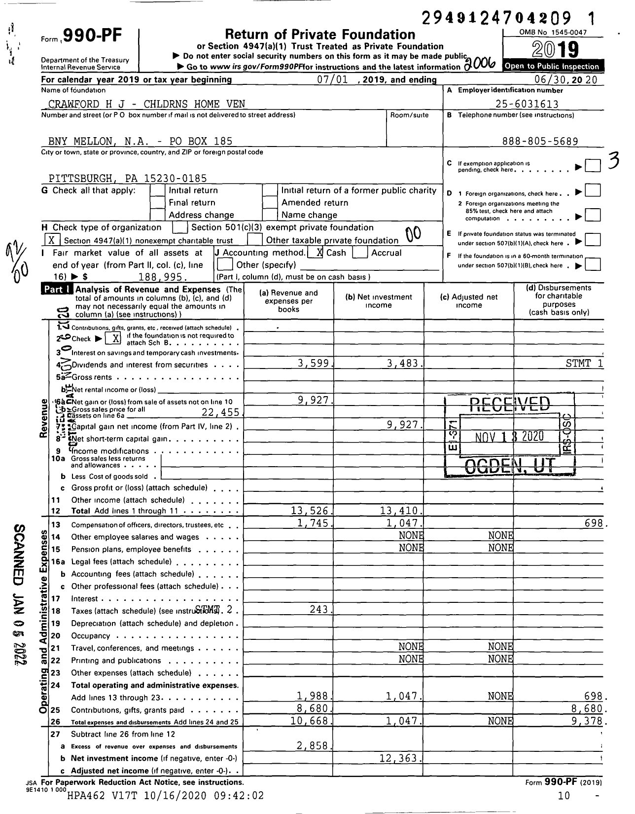 Image of first page of 2019 Form 990PF for Crawford H J - CHLDRNS Home Ven