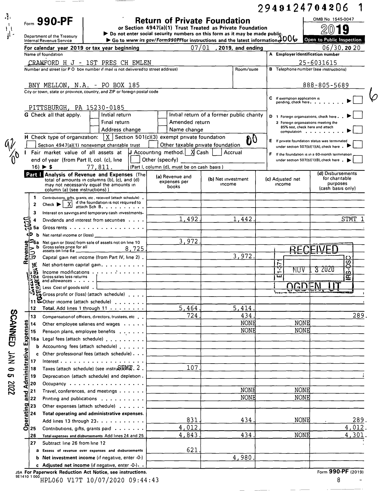 Image of first page of 2019 Form 990PF for Crawford H J - 1st Pres CH Emlen