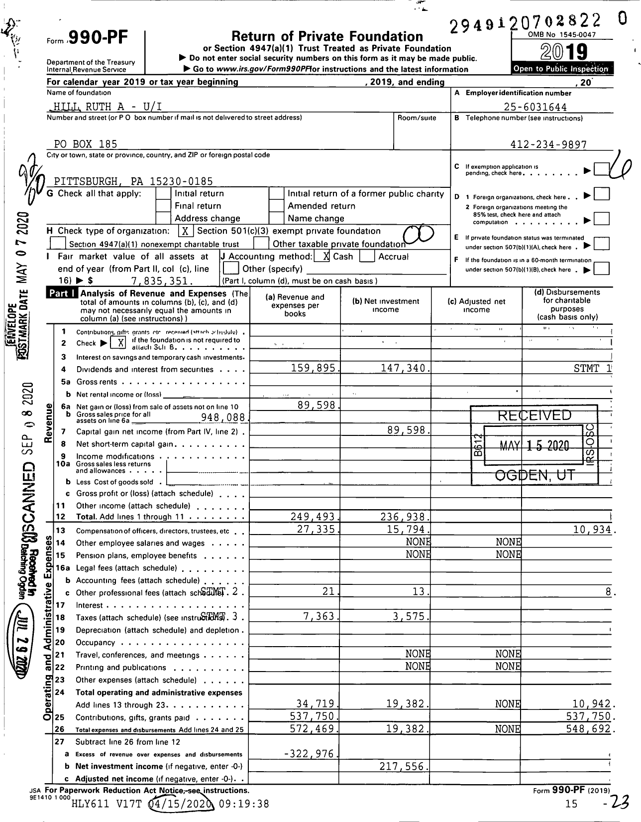 Image of first page of 2019 Form 990PR for Hill Ruth A - A-Ui
