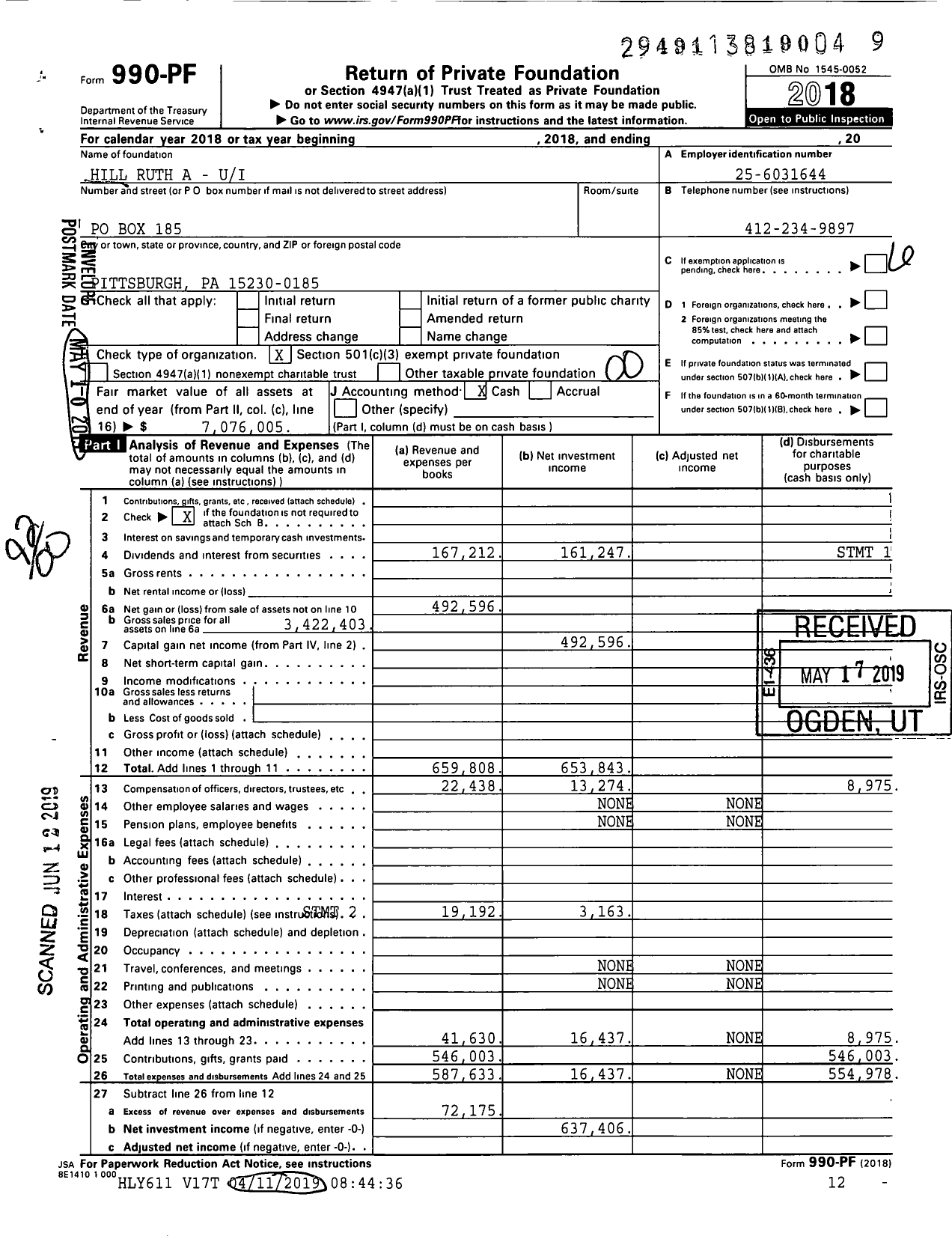 Image of first page of 2018 Form 990PF for Hill Ruth A - A-Ui
