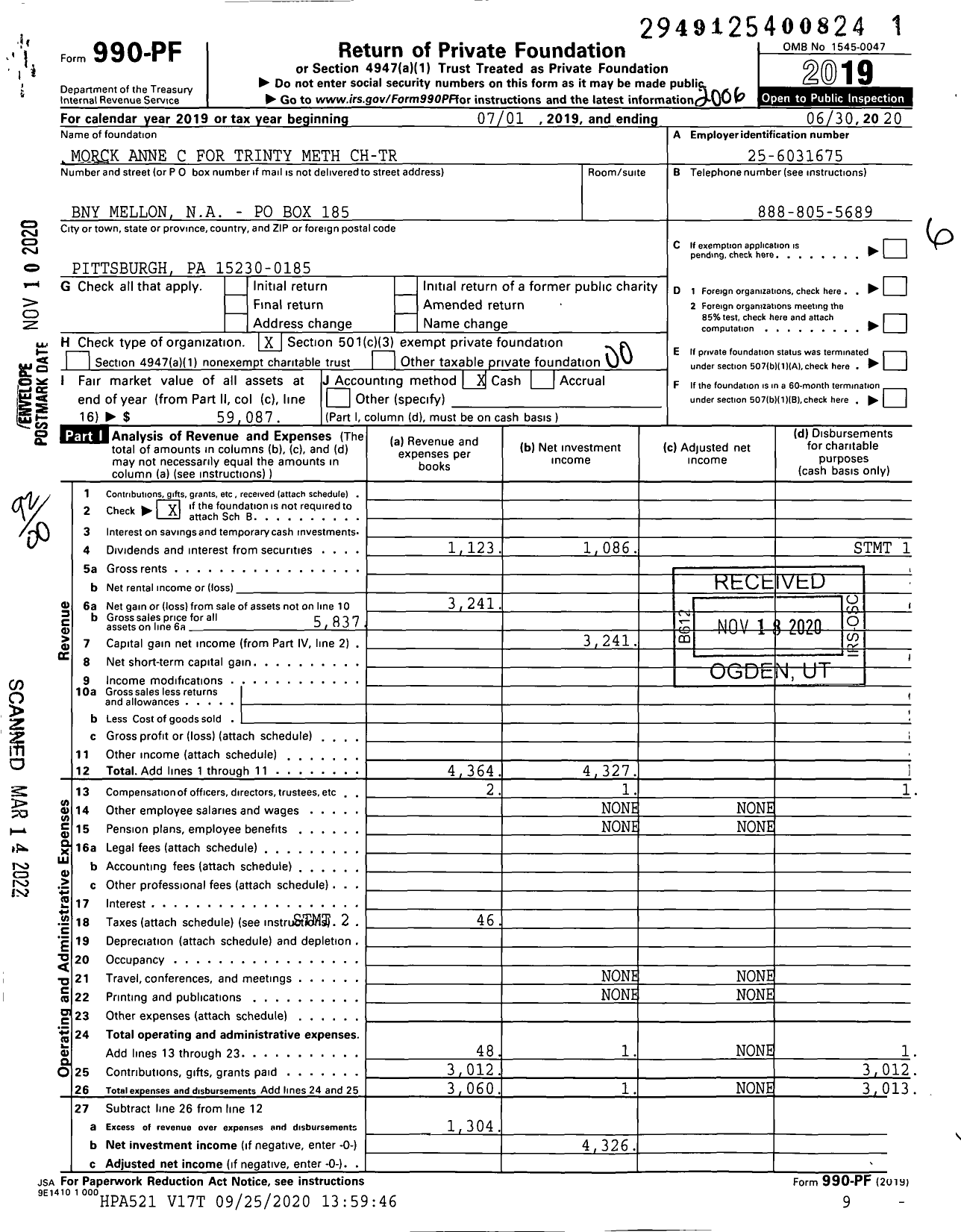 Image of first page of 2019 Form 990PF for Morck Anne C for Trinty Meth CH-TR