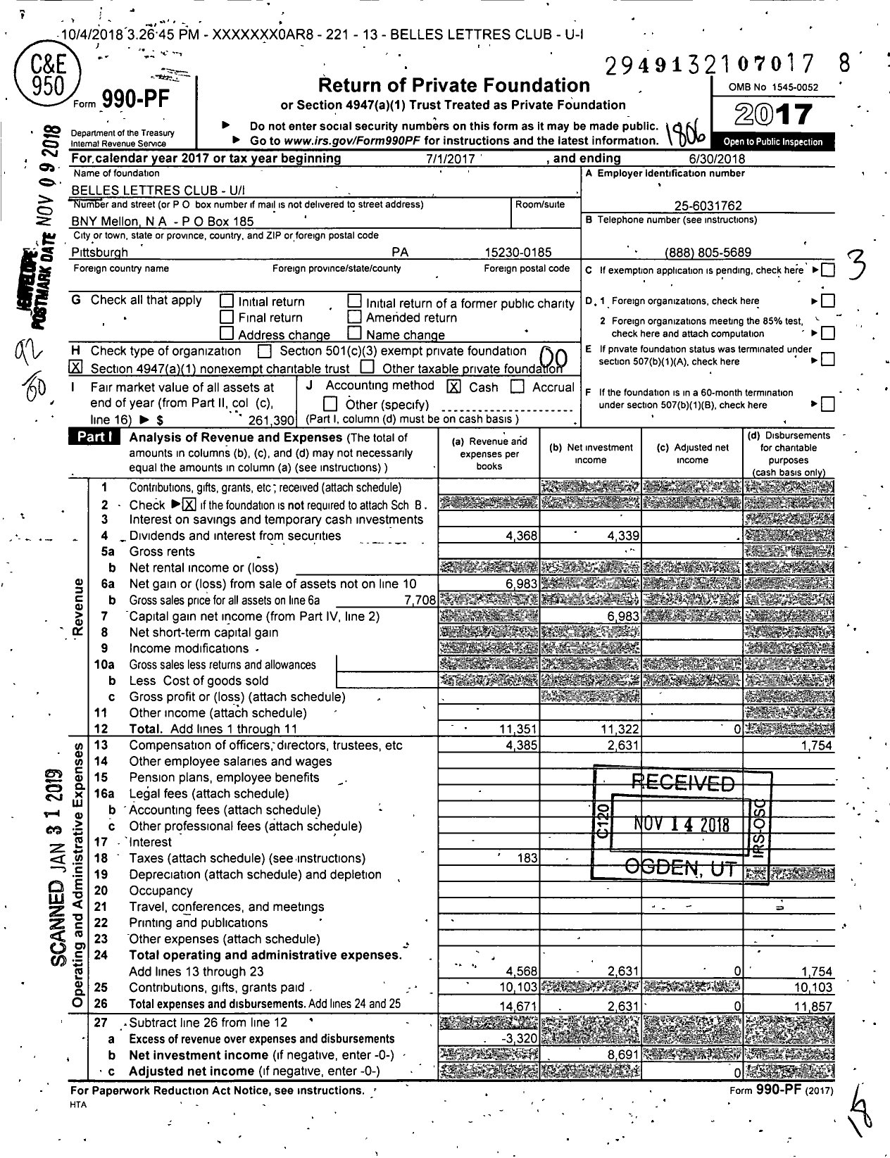 Image of first page of 2017 Form 990PF for Belles Lettres Club - Ui