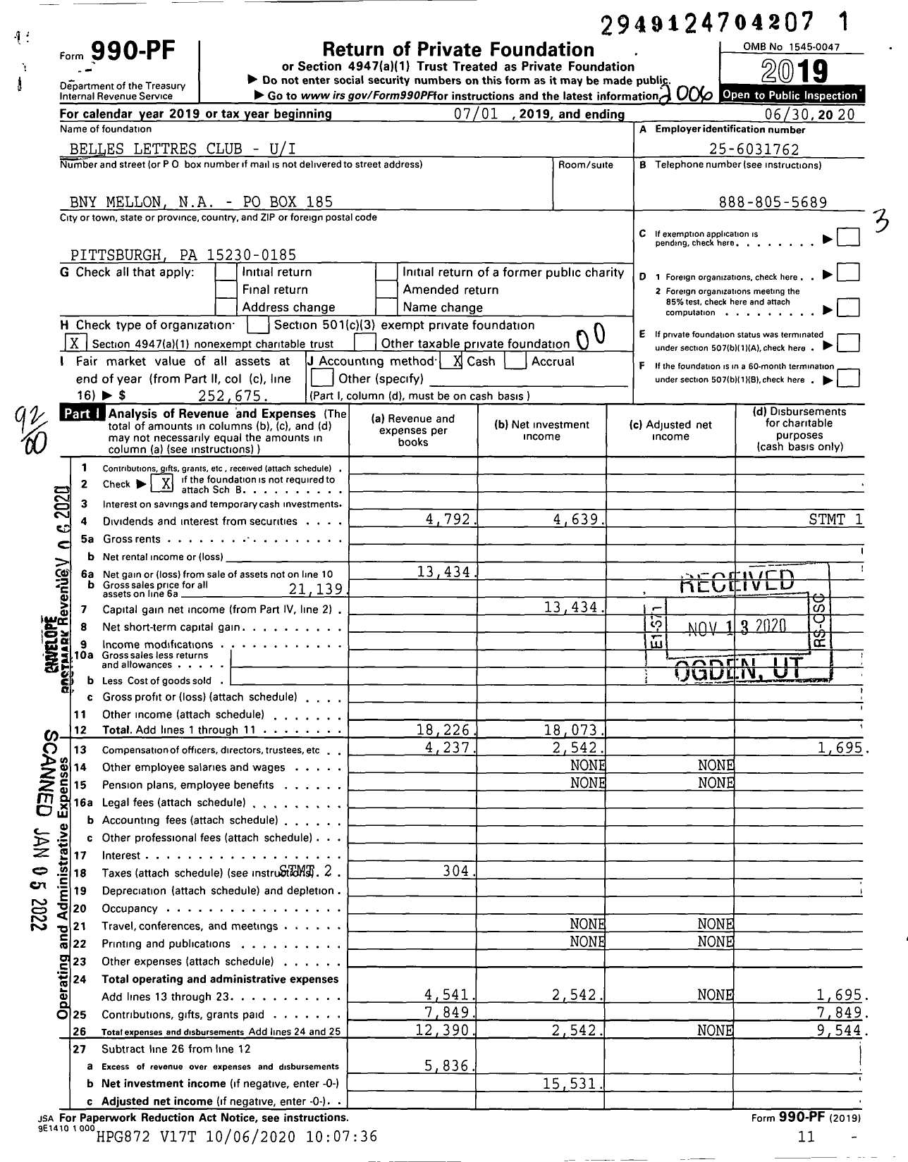 Image of first page of 2019 Form 990PF for Belles Lettres Club - Ui